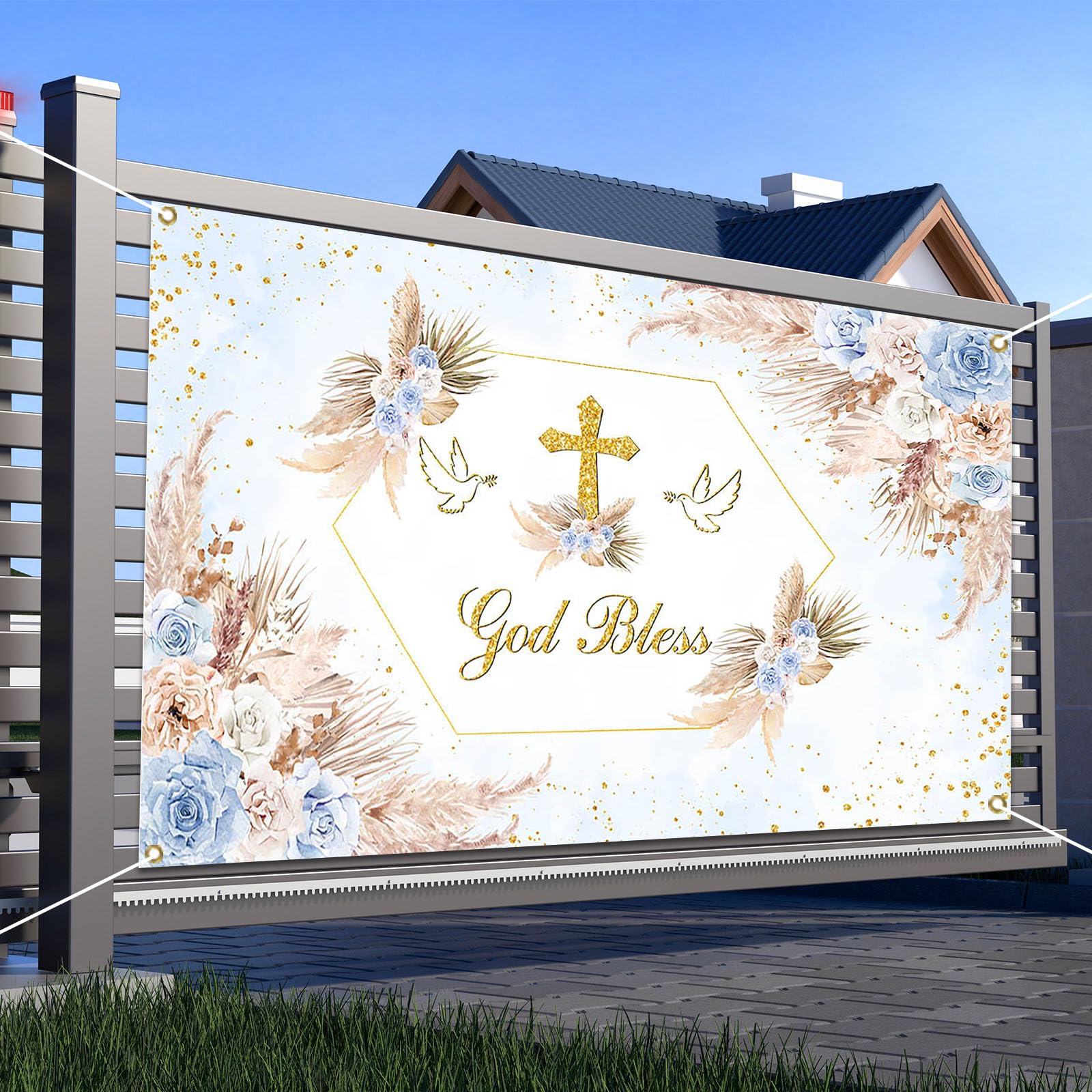 Avezano Boho God Bless Backdrop Baptism Bohemian Pampas - View #3