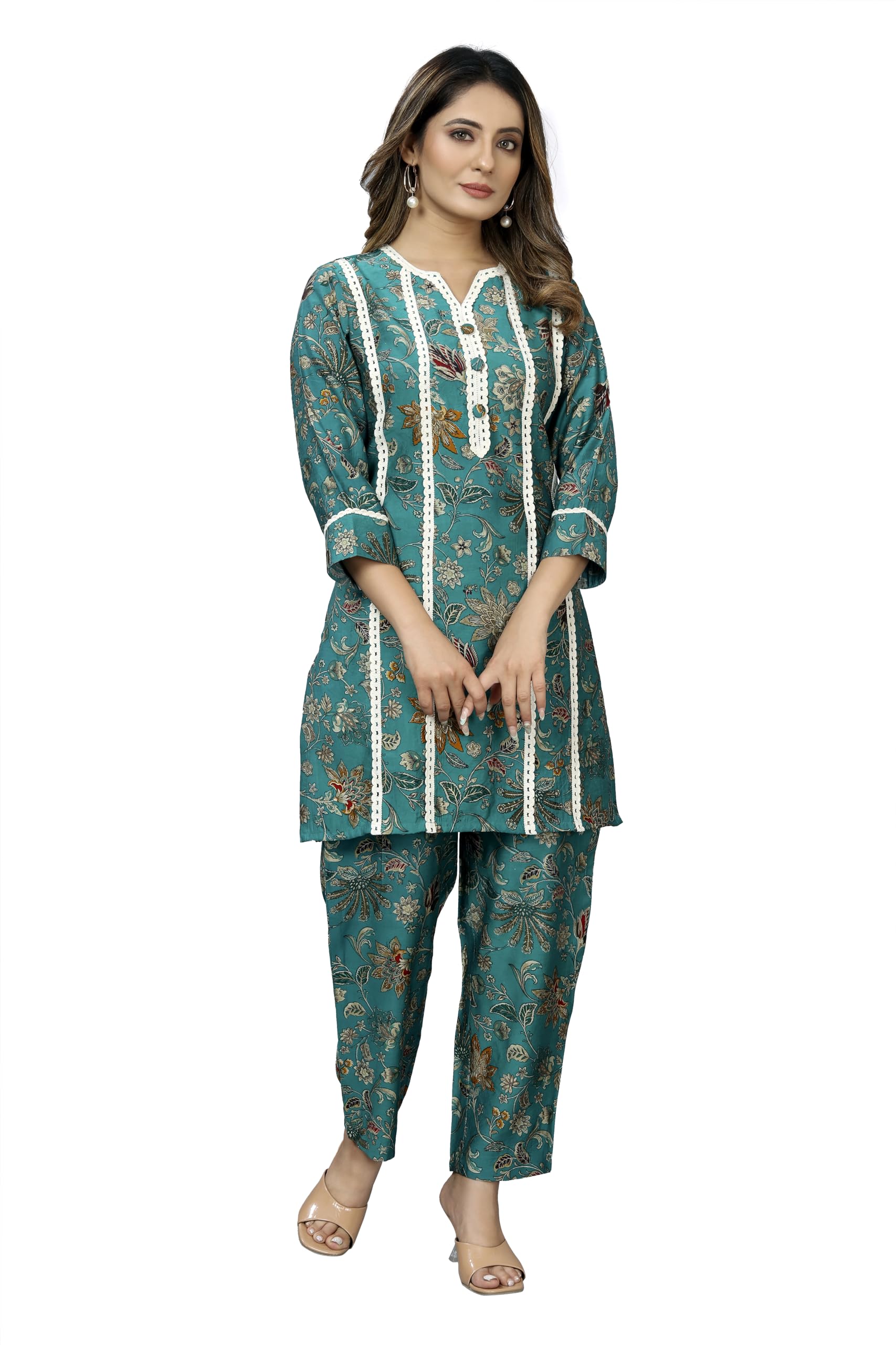 SARRAS Womens Viscose Blend Printed Straight Kurti & Pant Co-ord Set (Blue)