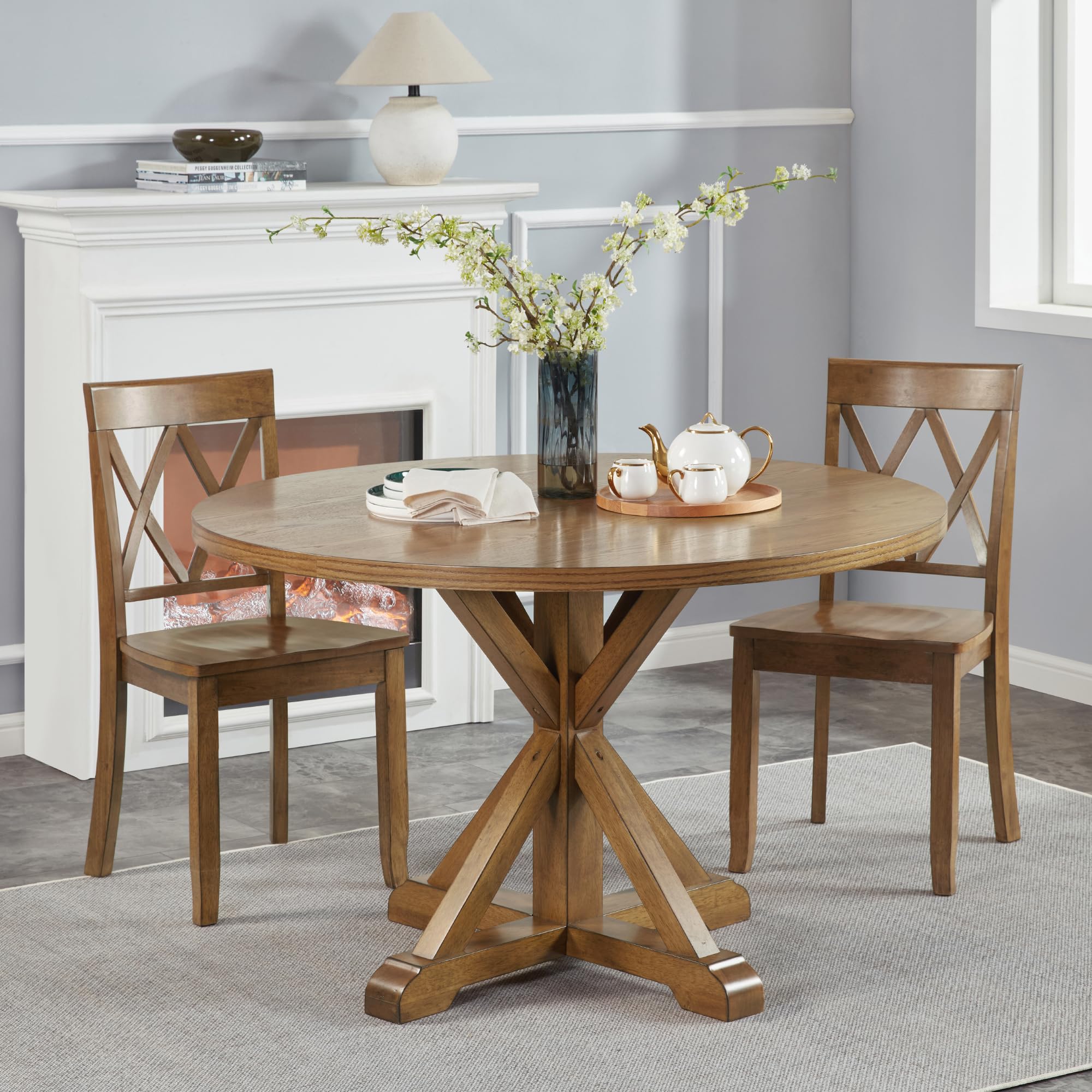 Round Wood Dining Table for 4, 45 Inch Kitchen Table, Rustic Round Dining Table, Wooden Trestle Pedestal Base Dining Table, Dinner Table,Space Saving Wood Kitchen & Dining Room Tables,Walnut