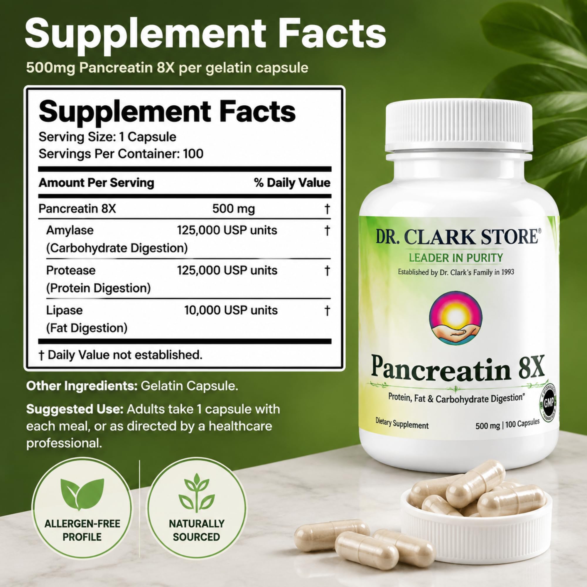 Dr Clark Store Pancreatin 8X Enzyme Supplement 500mg, 100 Gelatin Capsules — Amazon image 9