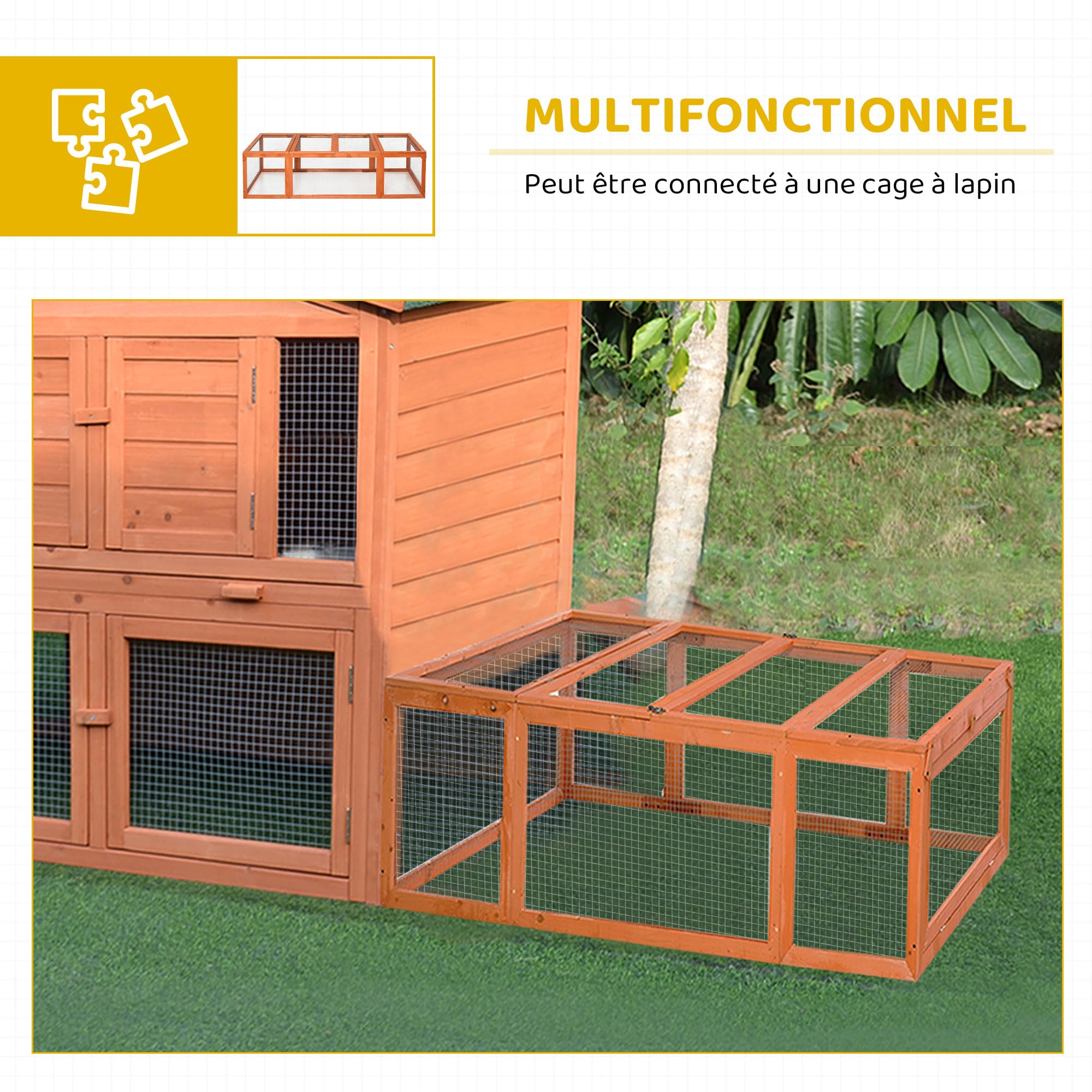 PawHut Clapier Lapin extérieur en Bois, Cage Cochon d'Inde 180 x 90 x 48 cm avec Toit ouvrable et Portes verrouillables, abri pour rongeurs avec enclos et Espace Libre pour Petits Animaux, Jaune