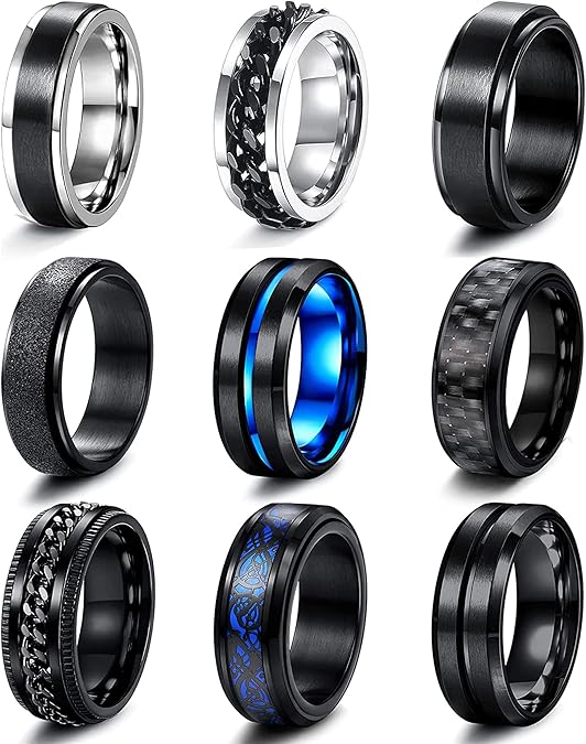 JeweBella 9Pcs Ringe Herren Edelstahl Schwarz Spinner Ringe Set für