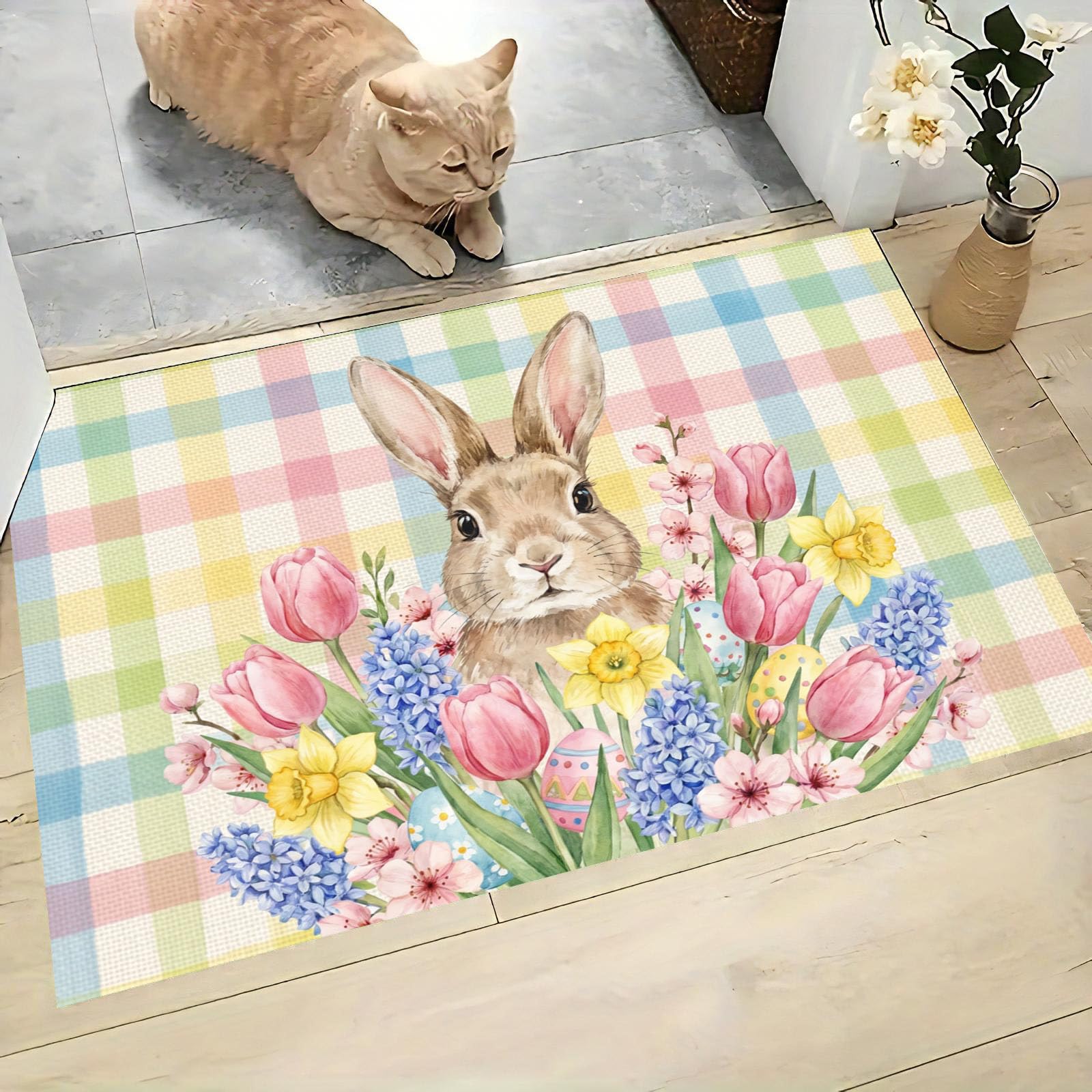 Felpudo Entrada Casa 90x150cm Alfombra Atrapapolvo Conejo De Flores, Alfombrilla Pasillo Antideslizante País A Cuadros Tapete Absorbentes Lavable para una Entrada Limpia, Rosa Claro