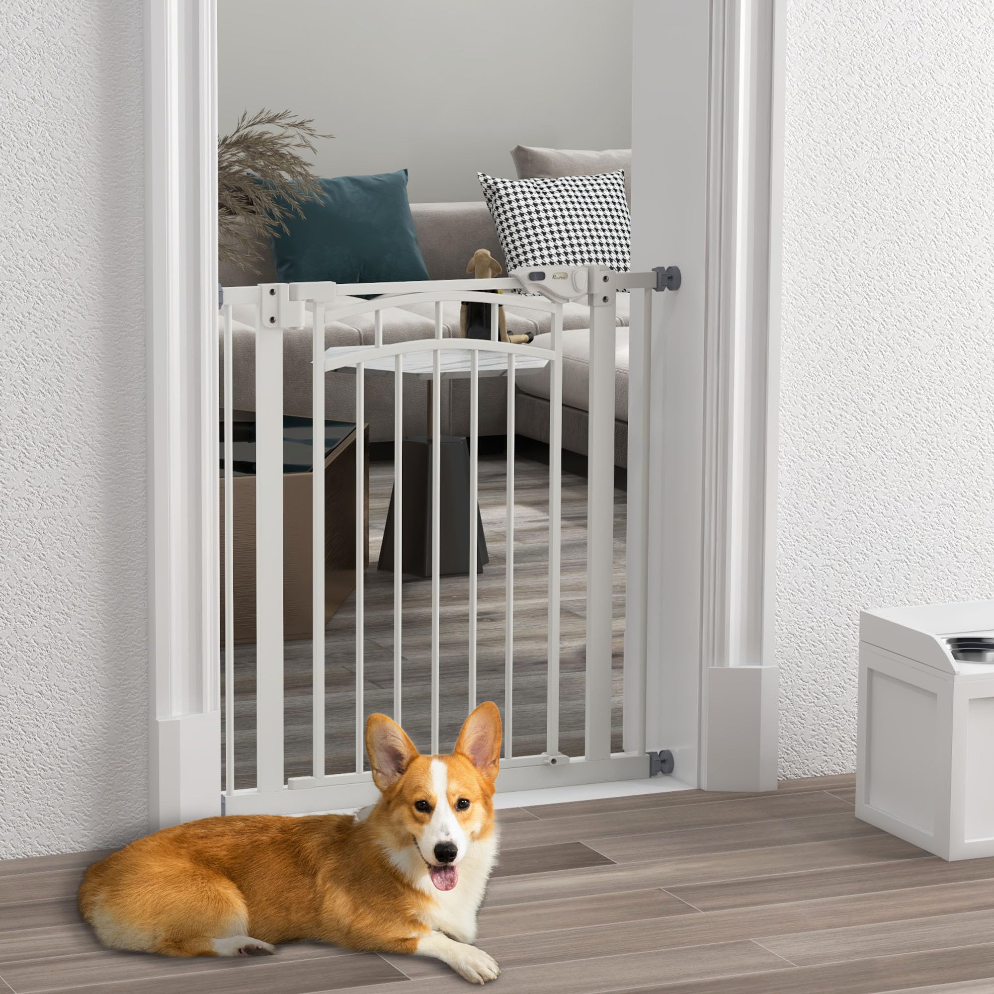 PawHut - Barrera de Seguridad para Perro Extensible (74-80 cm, Doble Cerradura, Cierre automático, Barrera de Escalera de fijación por presión sin Taladro, Altura 76 cm, Color Blanco | Doble bloqueo, cierre automático, barrera de escalera de fijación por