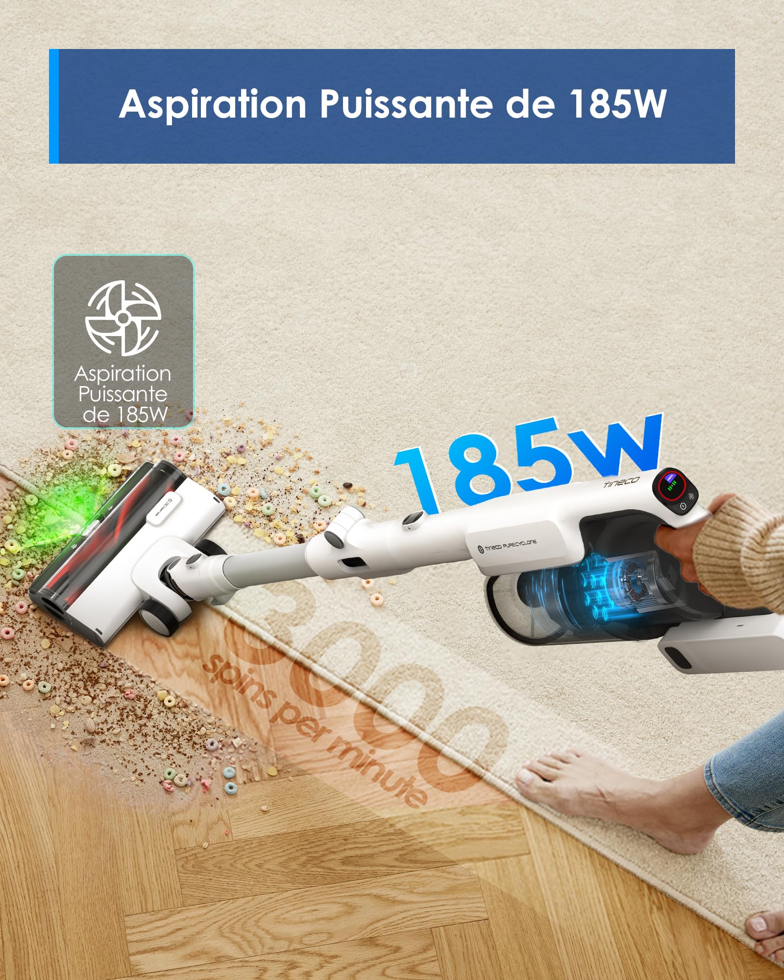 Tineco Pure One A50S Plus Aspirateur Balai sans Fil, Aspiration 185W, 70 Min d’Autonomie, Réservoir Plus Large de 1L, Brosse Motorisée 3DSense, Technologie Dura-Cyclone, Vient à Bout des Gros débris