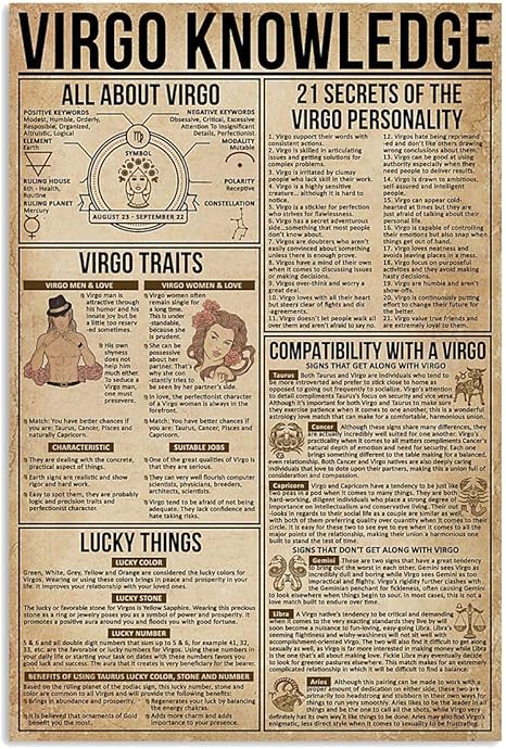 Virgo Knowledge Metal Tin Signs Virgo Infographic Retro Poster Astrology Club Guide Plaque Office Home Room Wall Decor 12x17 Inches