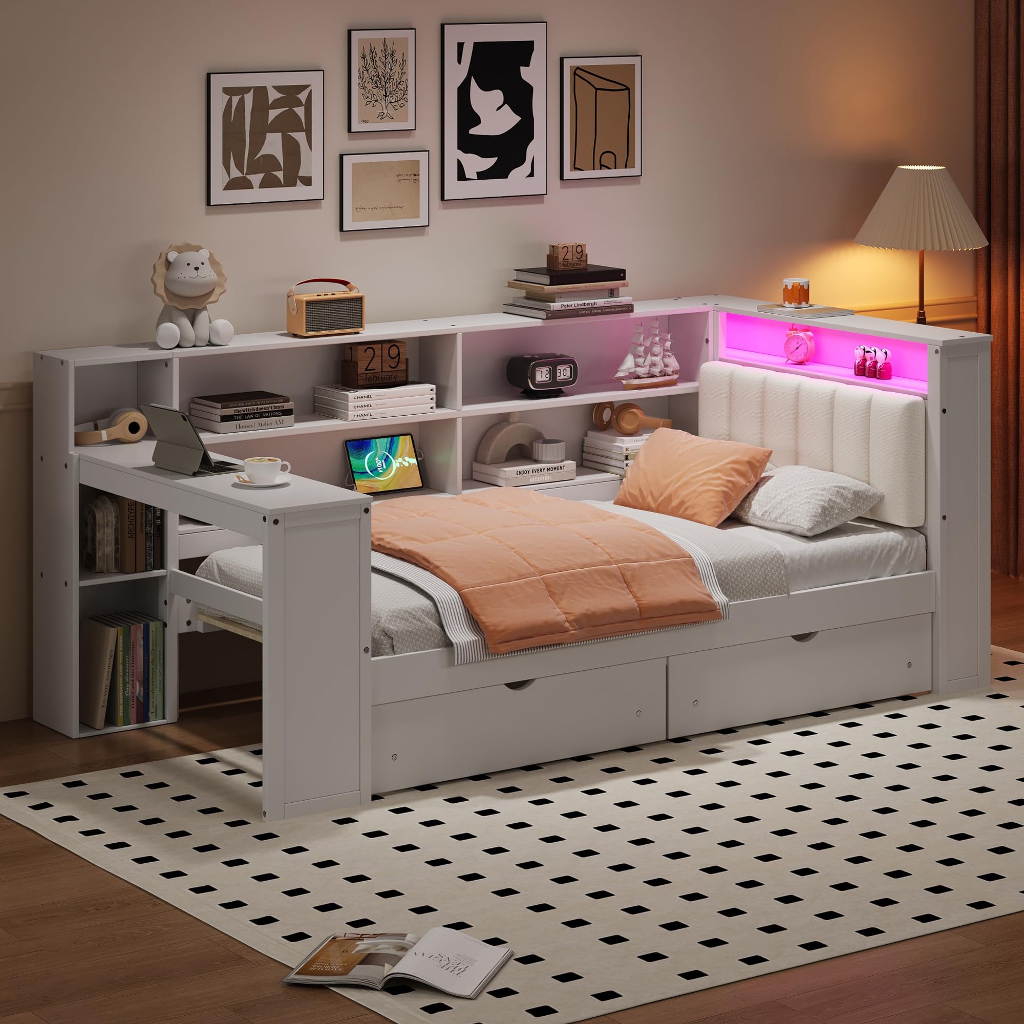 Bellemave Twin Corner Bed with Storage Shelves and Desk, Upholstered Headboard Daybed with Bookcase and Drawers，Daybed with Storage, White+Beige