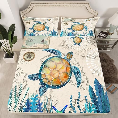 Miniatura 2 de Erosebridal Juego de sábanas de tortuga marina, tamaño matrimonial, juego de sábanas decorativas para habitación de los niños, juego de ropa de cama