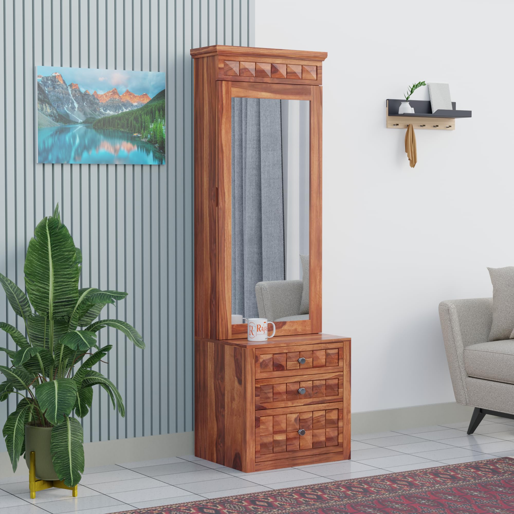 Diamond Solid Wood Dressing Table with Full-Length Mirror & 3 Drawers | Wooden Bedroom Vanity Unit with Storage | Honey Finish | 71 x 22.5 x 16 Inches-image-17