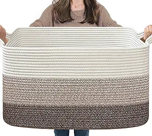 Goodpick Large Woven Storage Basket, 21.6"x14.9"x11.8", Blanket Storage for Bedroom and Living Room, Rectangle Rope Baskets for Storage, White Brown
