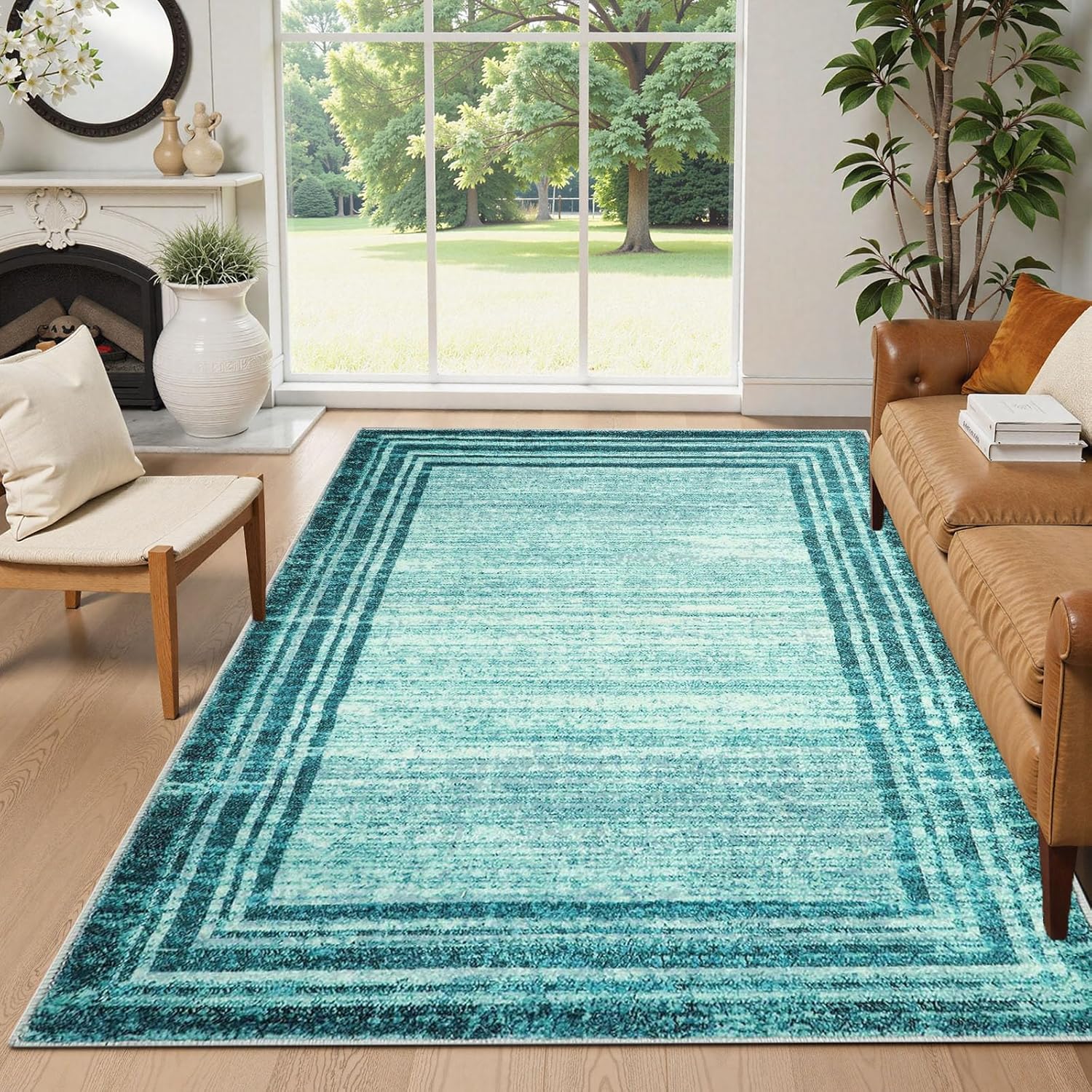 Lahome Abstract Teal 8x10 Area Rugs for Living Room, Washable Modern Bedroom Rug 8x10 Stain Resistant, Low-Pile Soft Minimalist Bordered Large Indoor Carpet for Office Dining Room