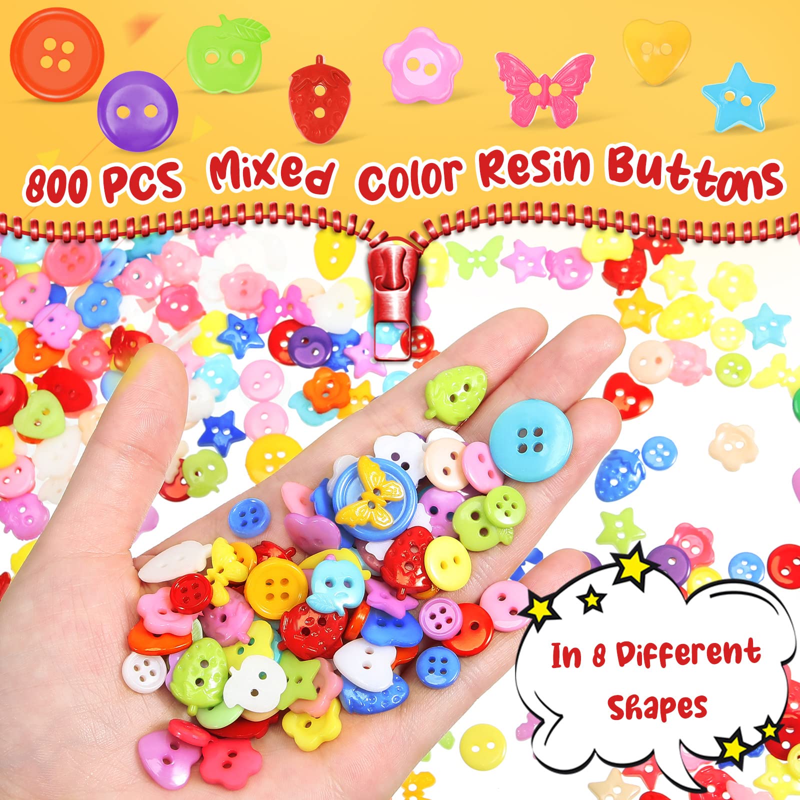 800 Stück Bastelknöpfe, Nähknöpfe, bunte Knöpfe, gemischte Knöpfe, runde Herz, Stern, Blumen, Knöpfe aus Harz, verschiedene Größen, für Basteln, Malen, handgefertigte Ornamente, 2 Löcher und 4 Löcher