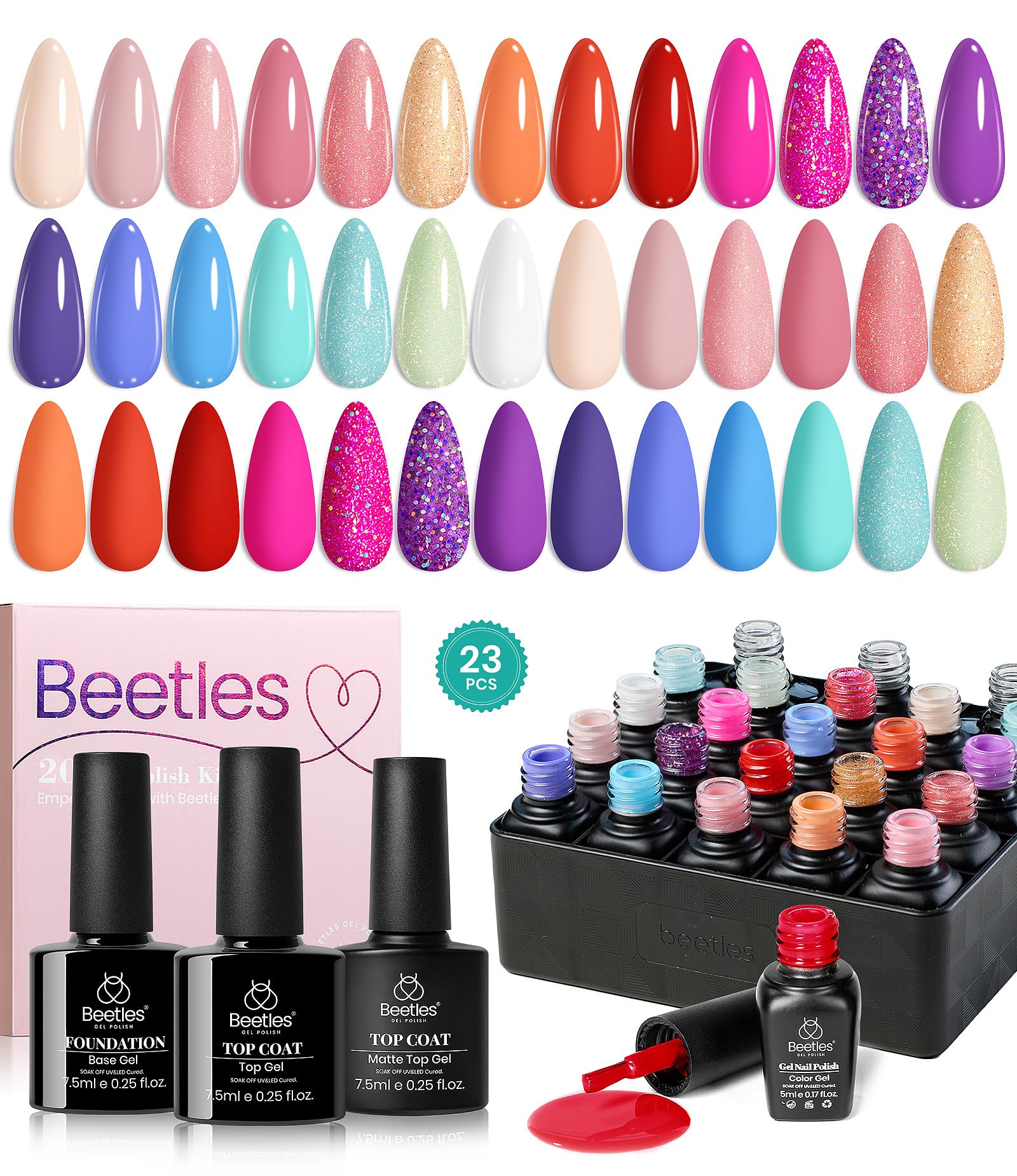 beetles Gel Polish23 Pcs Nail Kit with Base Top Coat, Glamour Games Collection Spring Summer Colors Pastel Nude Pink Purple Orange Nail Art Soak off Nail Kit Gift for Girl Manicure Kit