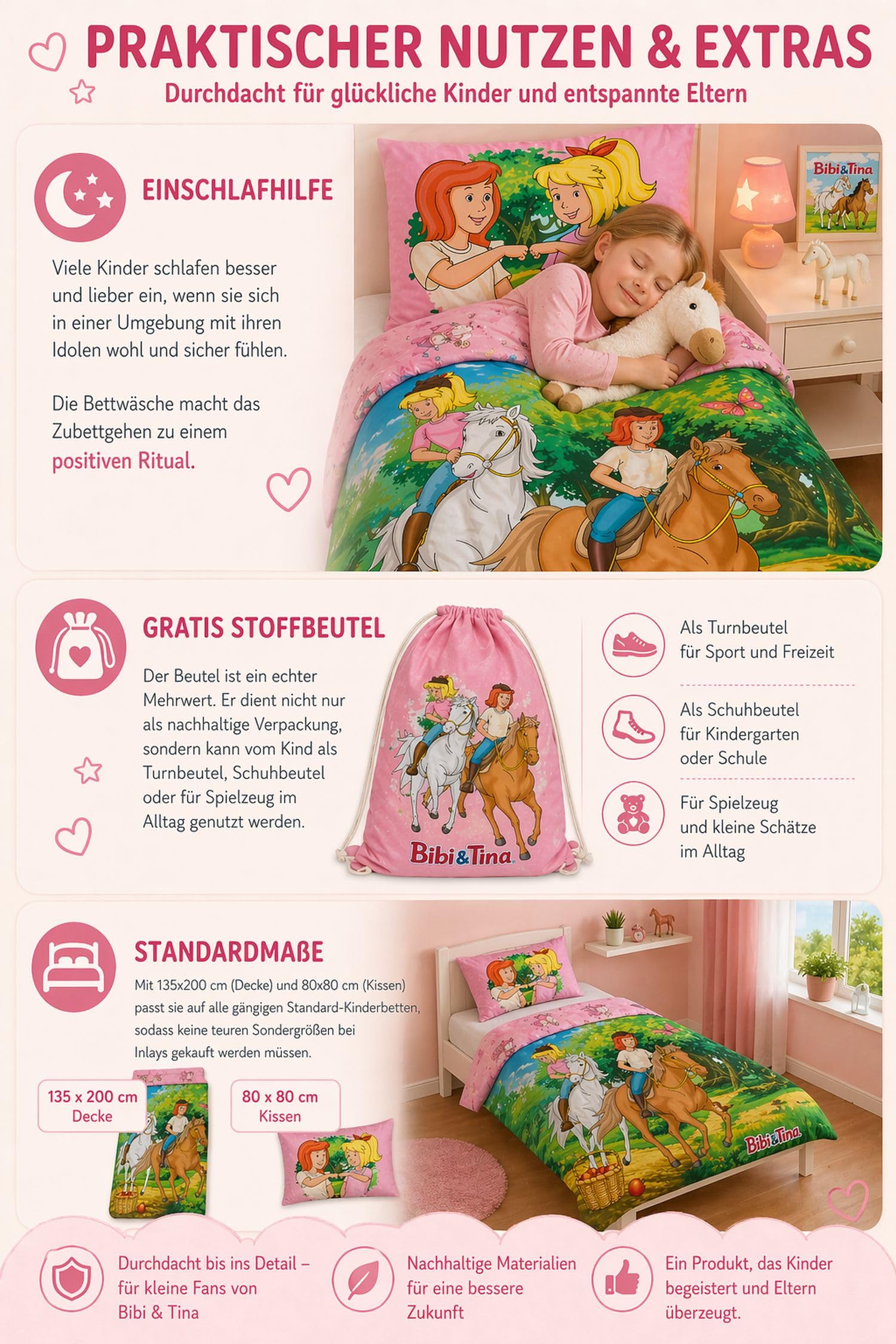 Bibi und Tina Bettwäsche 135x200 cm für Mädchen - 2-teiliges Set aus 100% Baumwolle inkl. Kissenbezug 80x80 cm - Pferdebettwäsche mit gratis Stoffbeutel - Wendemotiv
