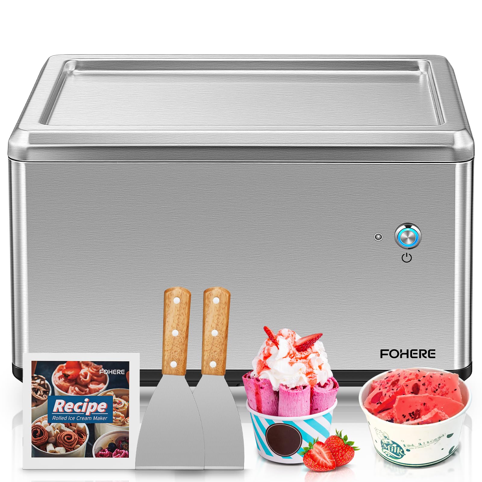 Selbstkühlende Roll-Eismaschine für Zuhause mit Kompressor, Soft Eis in nur 3 Mins, One-Touch Bedienung, Vielfältige Sortenwechsel, Gesunde Selbstgemachte Ice Cream Rolls, Rezept, 2 Spachteln, FOHERE