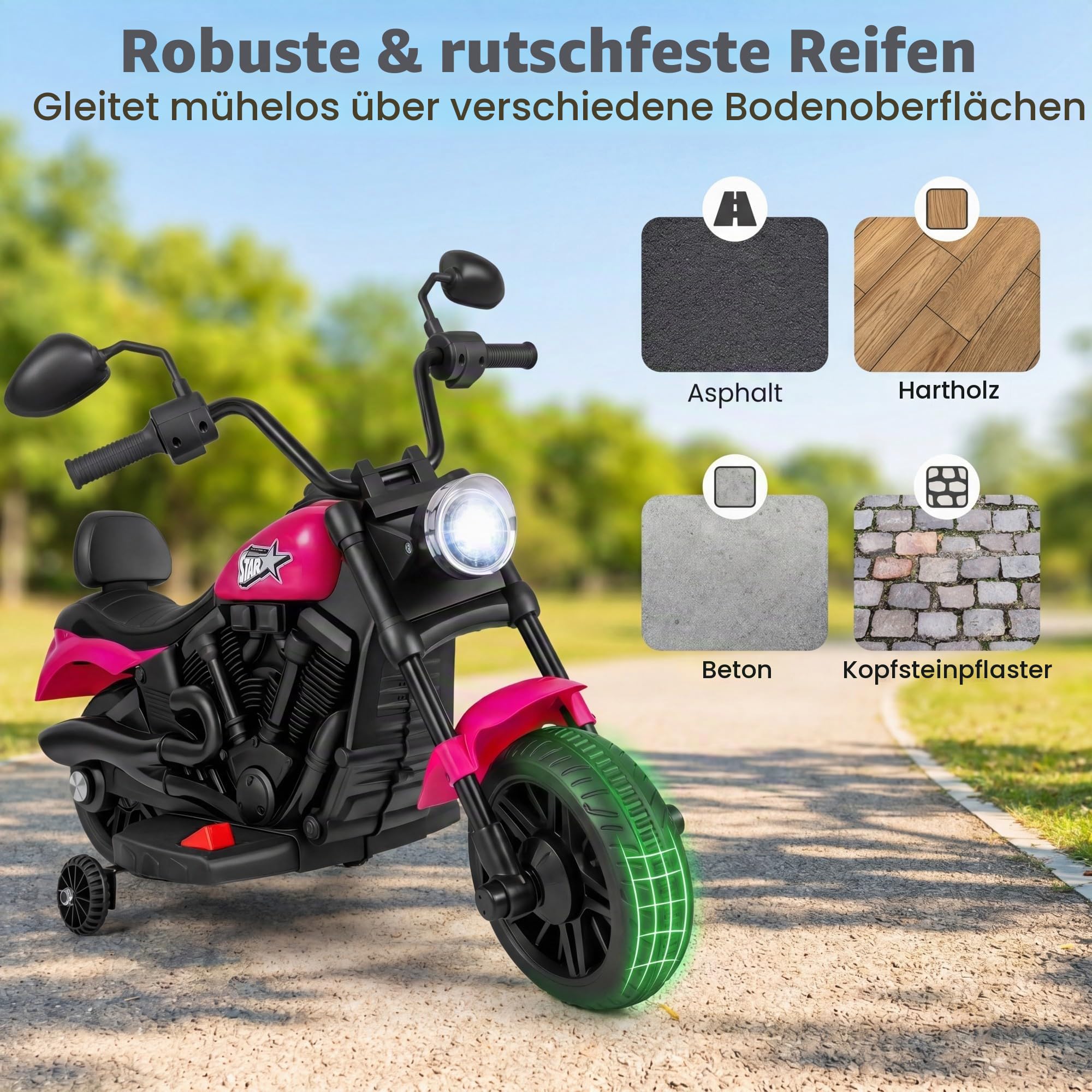 KOMFOTTEU 6V Kindermotorrad, Elektromotorrad mit Musik & LED-Scheinwerfer, 2,4 km/h, Elektro Motorrad mit 2 Stützrädern, bis zu 30 kg belastbar, für Kinder ab 3 Jahren (Rosa)