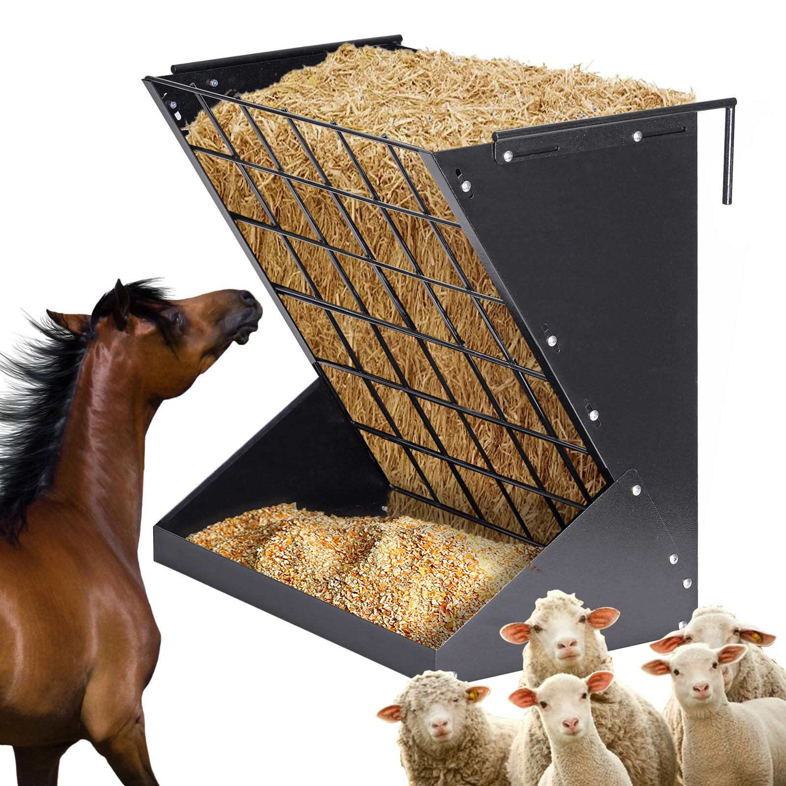 Hay Feeder for Goats 25 Gallon Horse Hay Rack Wall Mount 2 in 1 Hay and Grain Feeder Metal Livestock Mineral Feeders for Sheep Nigerian Dwarf Goats, Hanging, Adjustable