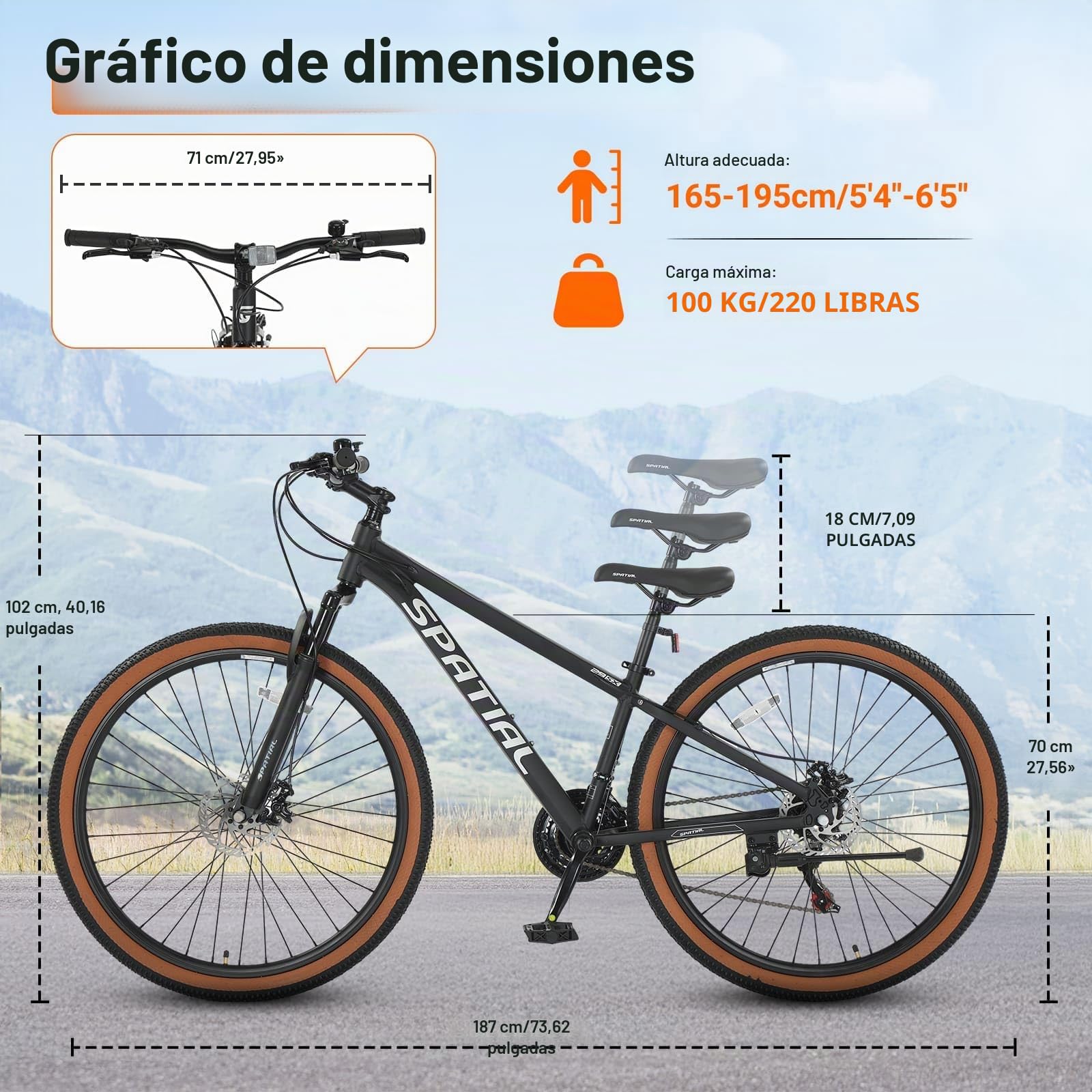 SPATIAL MTB Bicicleta de Montaña para Adultos y Jóvenes - 29/27,5/26/24 Pulgadas, 8/21 Velocidades, Frenos de Disco Mecánicos Dobles, Cuadro de Aluminio, Suspensión Delantera, Asiento Ajustable