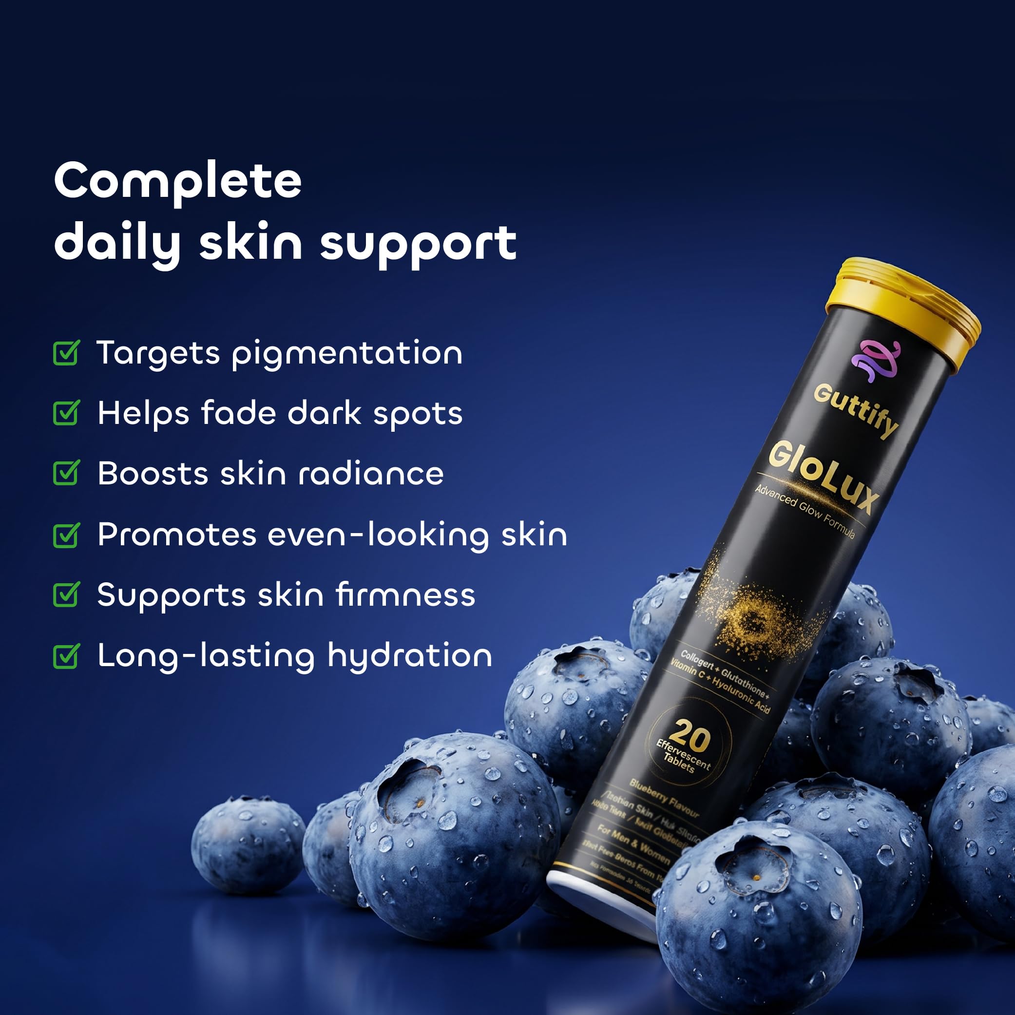 L-Glutathione 500mg Effervescent Tablets | Supports Skin Whitening, Glow & Anti-Aging | Hyaluronic Acid + Vitamin C + Vitamin E | Sugar-Free Skin Brightening Supplement for Women | 20 Tablets (Glolux Blueberry) — Amazon image 6