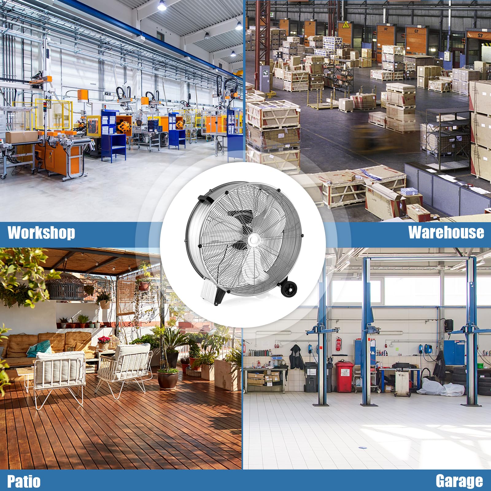 SOARS Ventilatori da Pavimento, 3 Velocità di Vento Regolabili, Ventilatore Industriale in Metallo, 2 Ruote in Gomma, per Magazzino, Officina, Cantina, Ufficio, Ø60 CM (Argento bianco)
