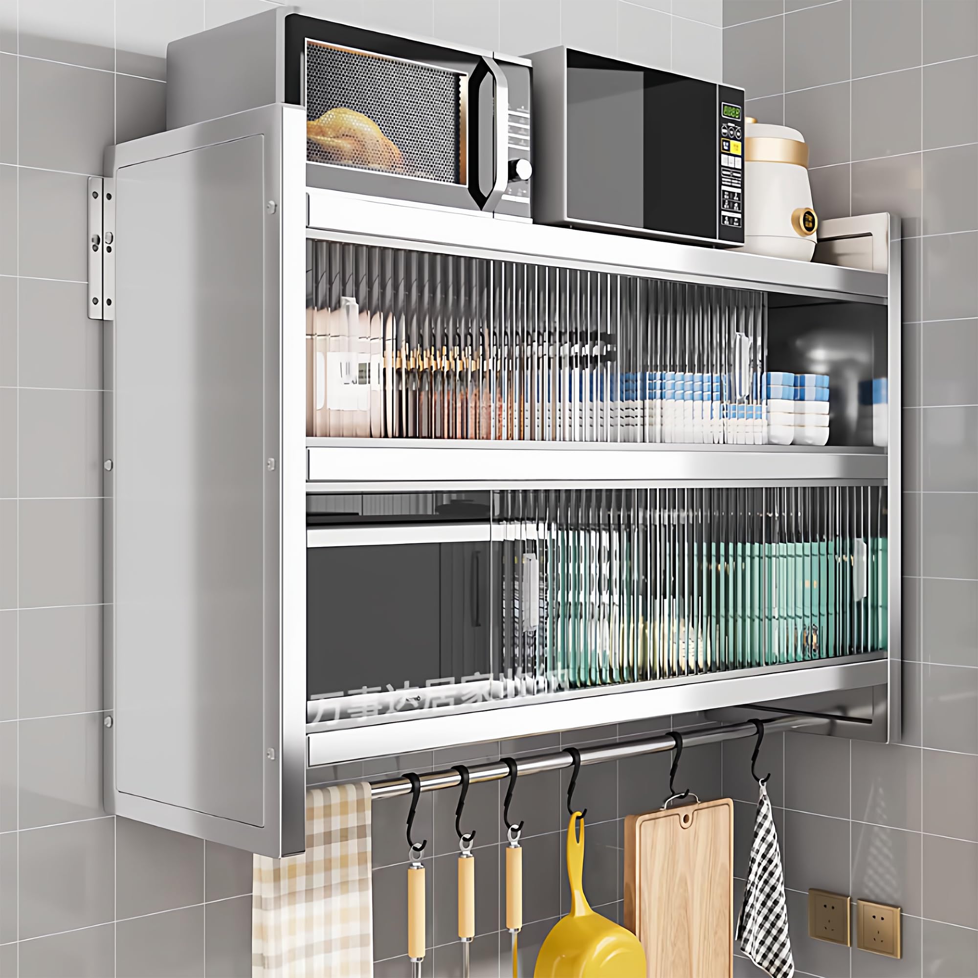 Pensile da Cucina con Ganci, armadietti a Muro in Acciaio Inox, Porta spezie, pensili sospesi, scaffale a Muro per Bagno e Cucina, 39,4x12,6x18,1 Pollici (Dimensioni 31,5x12,6x18,1 Pollici)