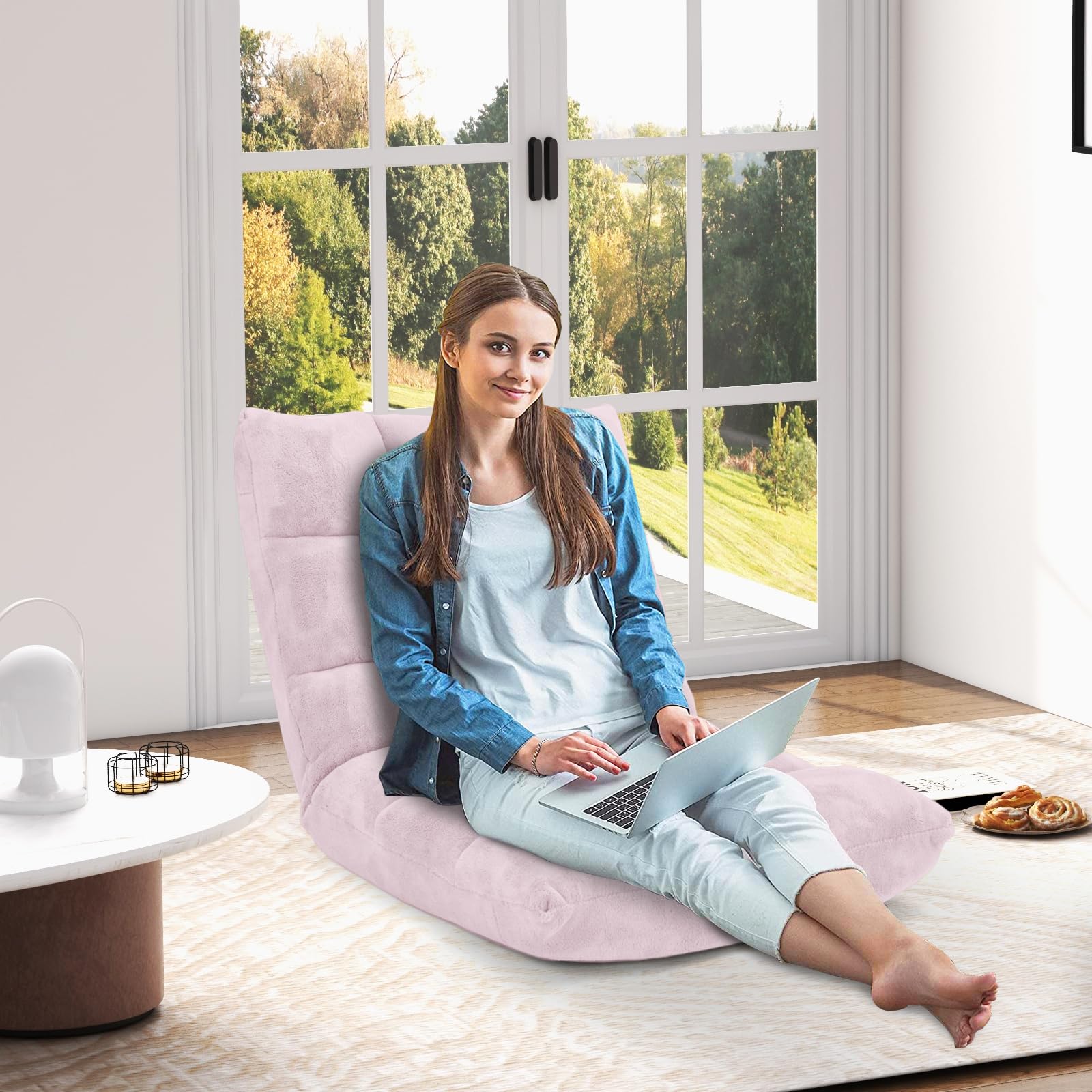 COSTWAY Canapé Paresseux Chaise de Sol, Fauteuil Convertible en Polaire Corail Dossier Réglable 14 Positions, Chaise de Méditation/Jeux Vidéo, pour Coin Lecture, Salon, Enfant/Adulte, Rose Clair