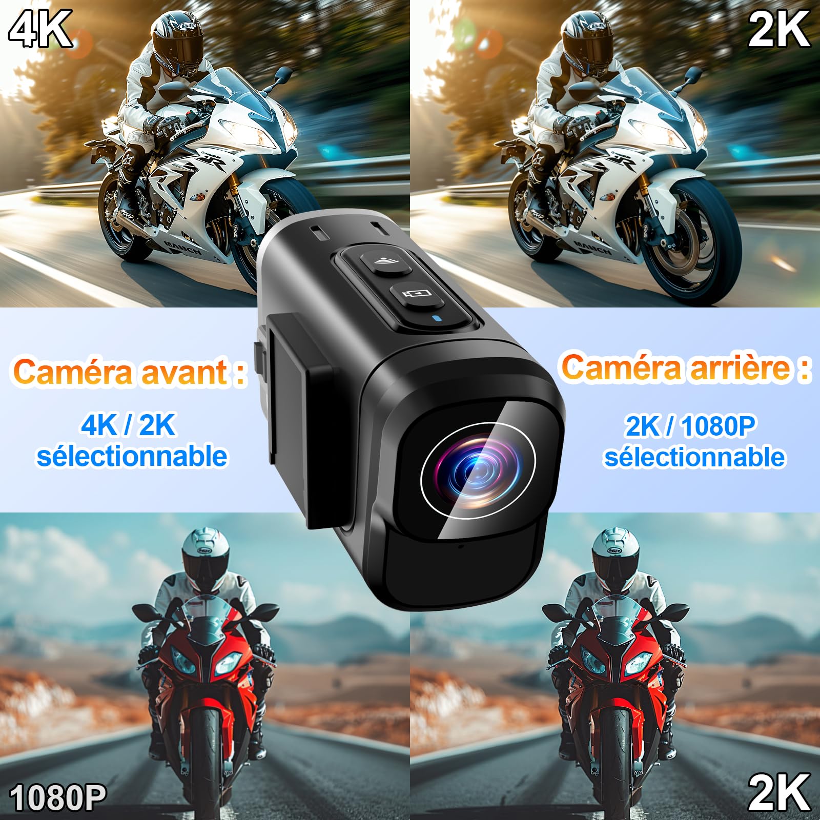 Camera Moto 4K WiFi Double Objectif, 6h avec 32GB