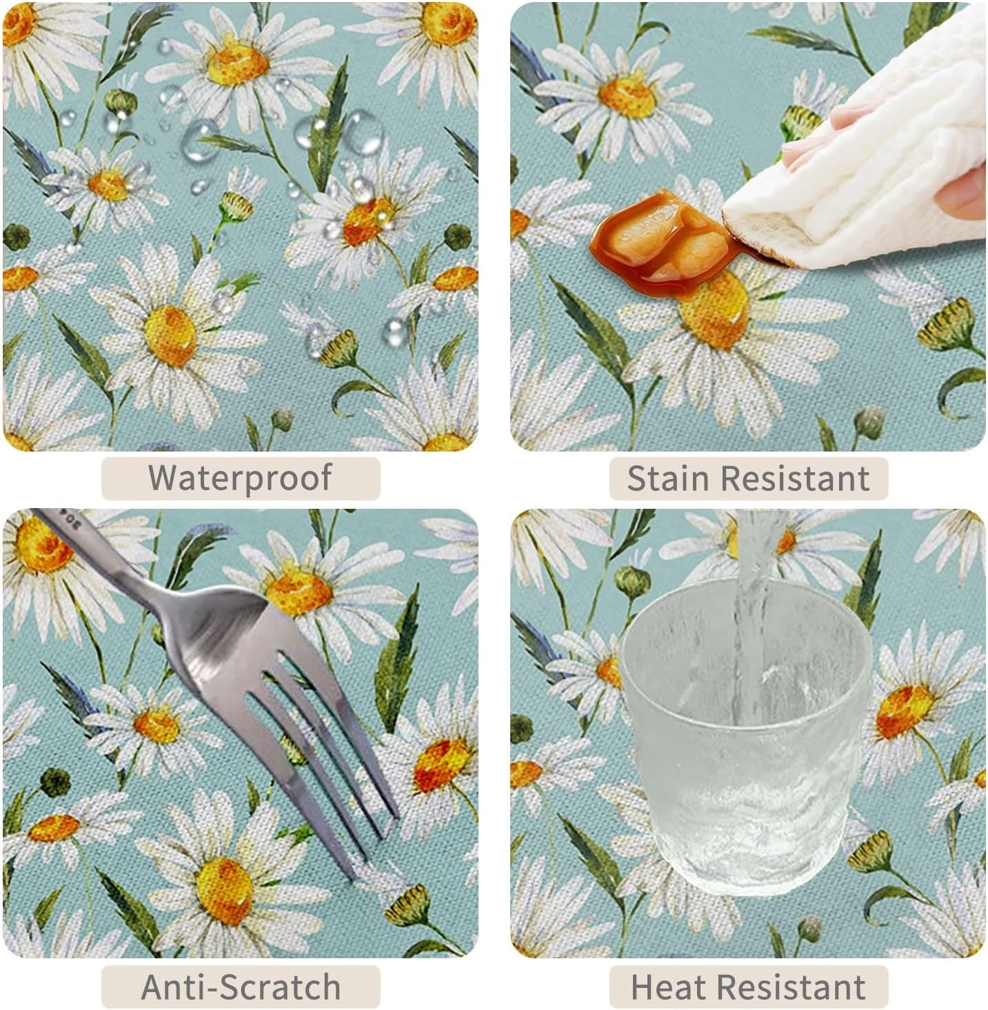 70x70inches Daisy Floral Square Tablecloth Spring Summer Flower Table Cloth Waterproof and Stain Resistant Fabric Table Cover for Home Kitchen Dinner Party Patio Picnic Indoor Outdoor Use