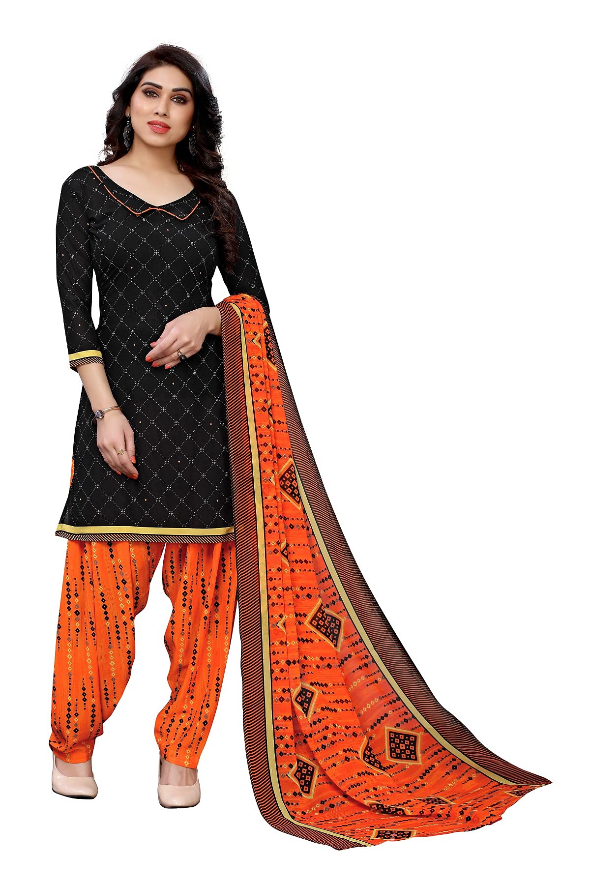 TreegoArt Fashion Dames Franse crêpe bedrukte Indiase ongestikte Salwar-kostuumjurk met bedrukt Dupatta voor dames -(Free Size) Yellow