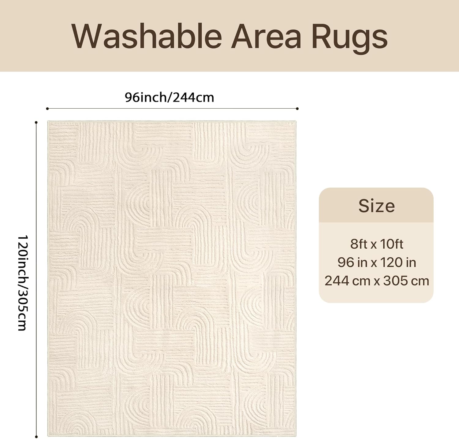 GENIMO Soft Washable Area Rugs 8x10, 3D Modern Arch Pattern Living Room Rug, High-Low Pile Textured Non Slip Fuzzy Carpet, Non-Shedding Stain Resistant Beige Rugs for Bedroom, Dining Room, Nursery