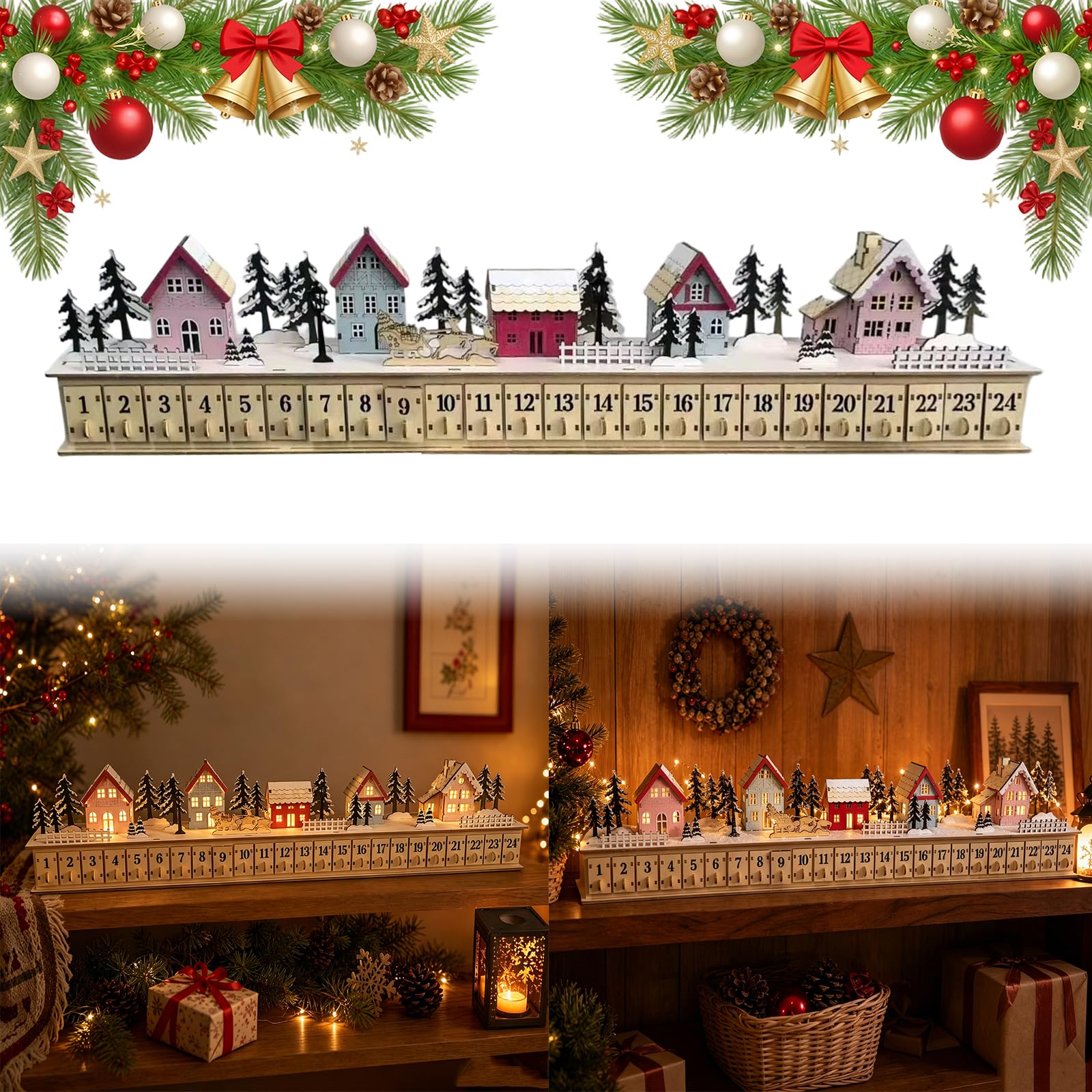 Calendario dell'Avvento in legno con villaggio di Natale luminoso, a batteria, decorazione natalizia con 24 cassetti riempibili, decorazione per conto alla rovescia per 24 giorni, decorazione