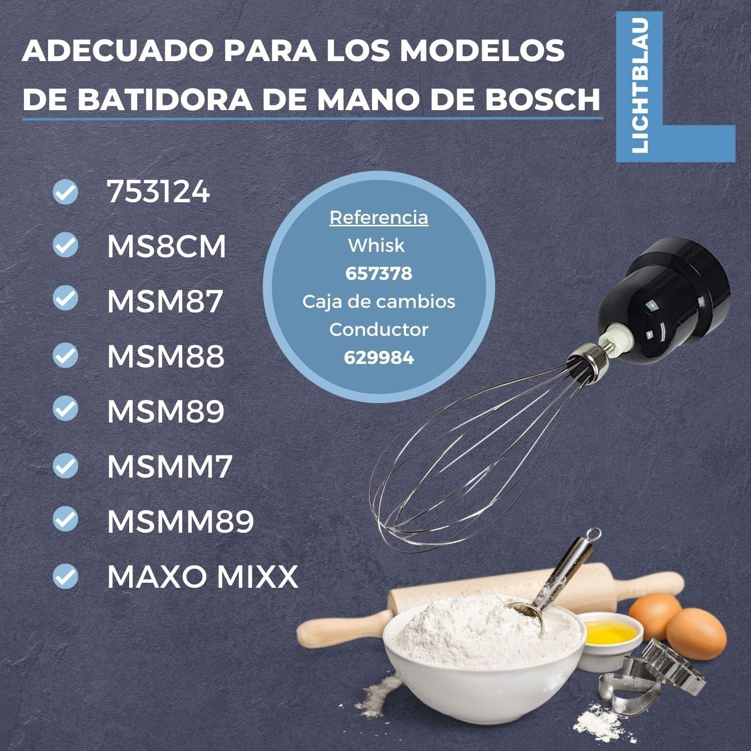 Lichtblau Batidor con acoplamiento 2863, apto para batidora de mano Bosch MS8CM, MSM87, MSM88, MSM89 MSMM7, MSMM89 Maxo Mixx, accesorio de repuesto para batidora de mano