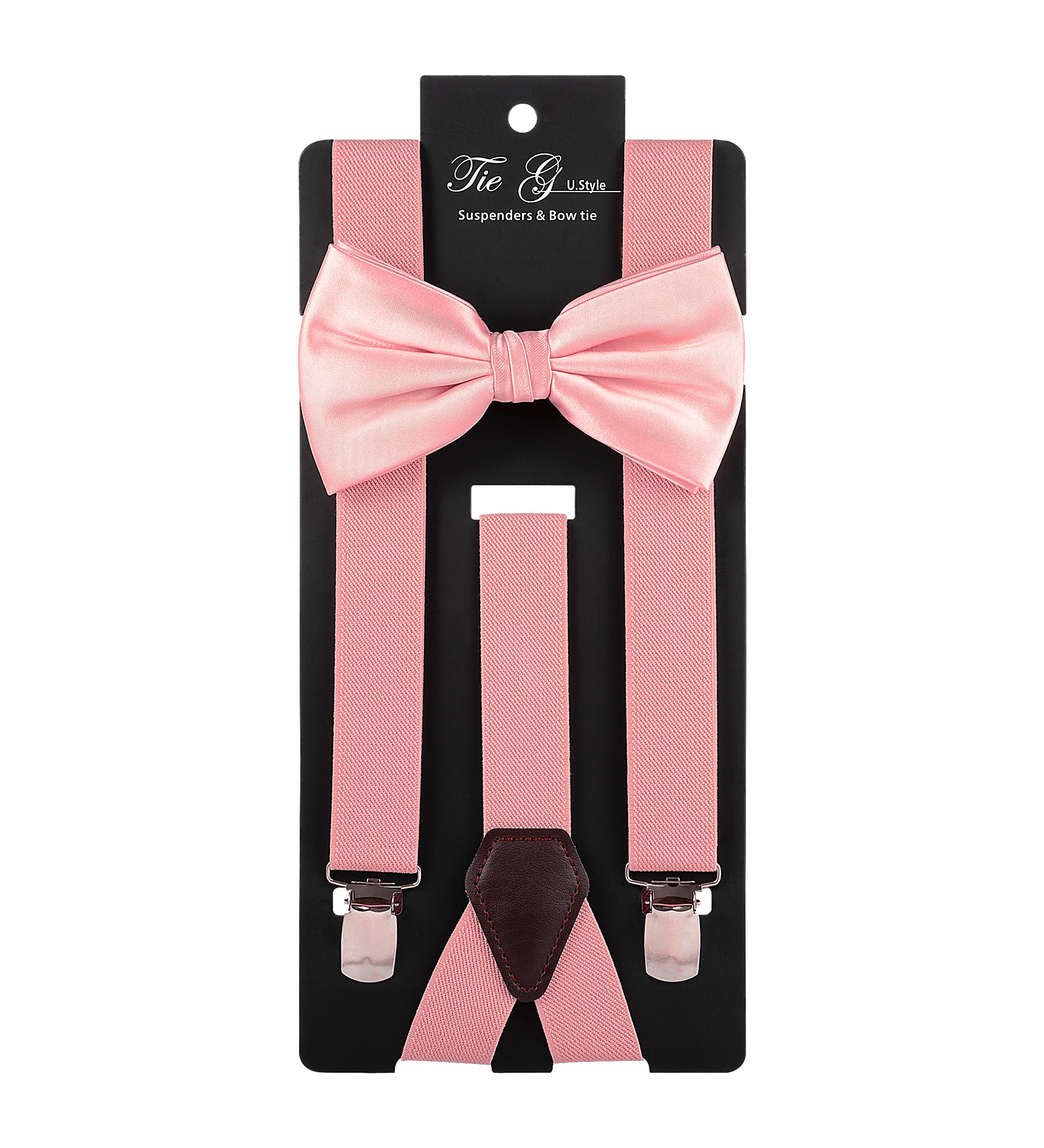 TIE G Solid Color Men's Suspender + Woven Bow Tie Set for Wedding : Vivid Color, Adjustable Brace, Strong Enhanced Clip, Elastic Band (Dusty Rosepink)
