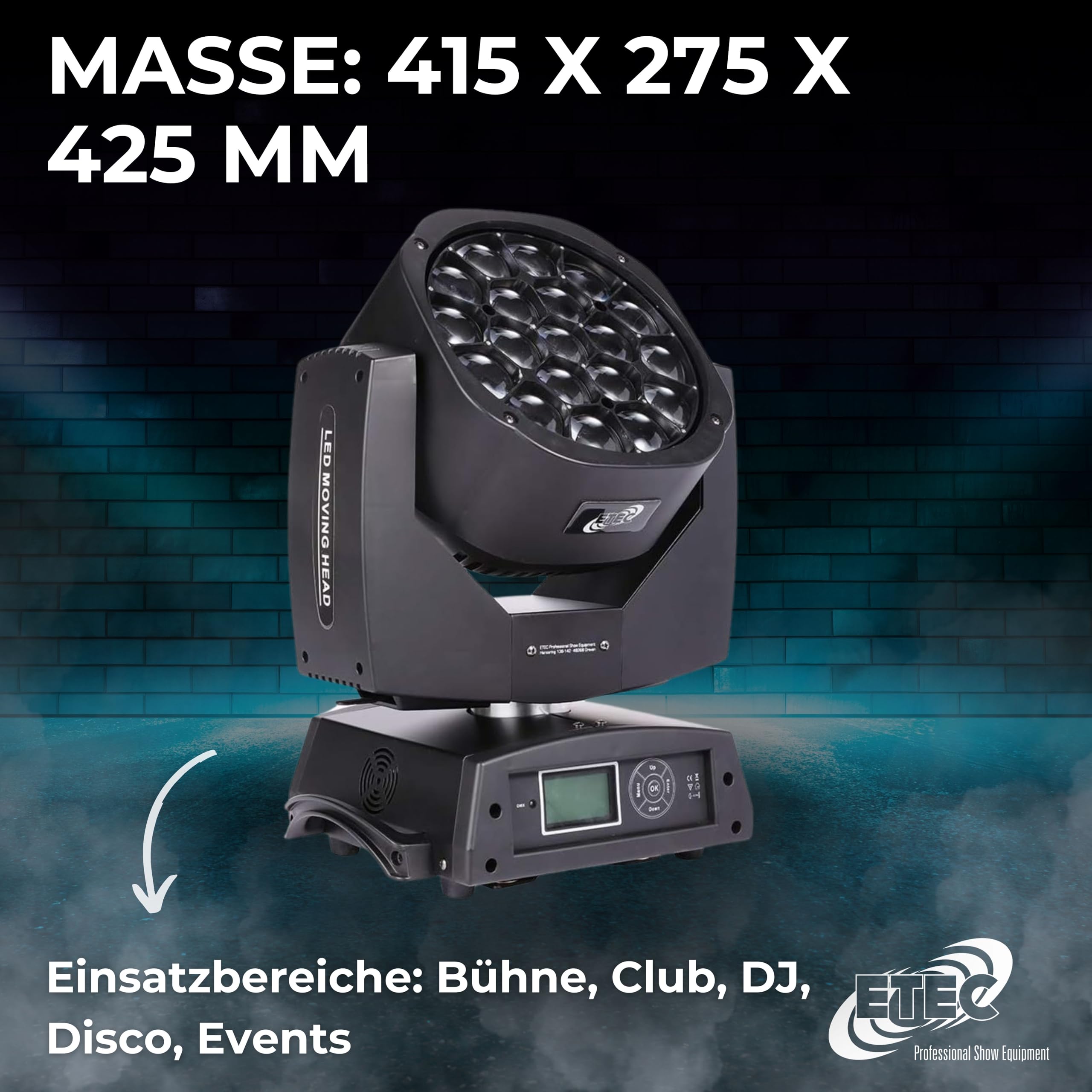 ETEC Professional LED Big Eye Moving Head 19x15 Watt RGBW Beam Rotation Zoom DMX Bühnenbeleuchtung Lichteffekt Discothek Club DJ Party