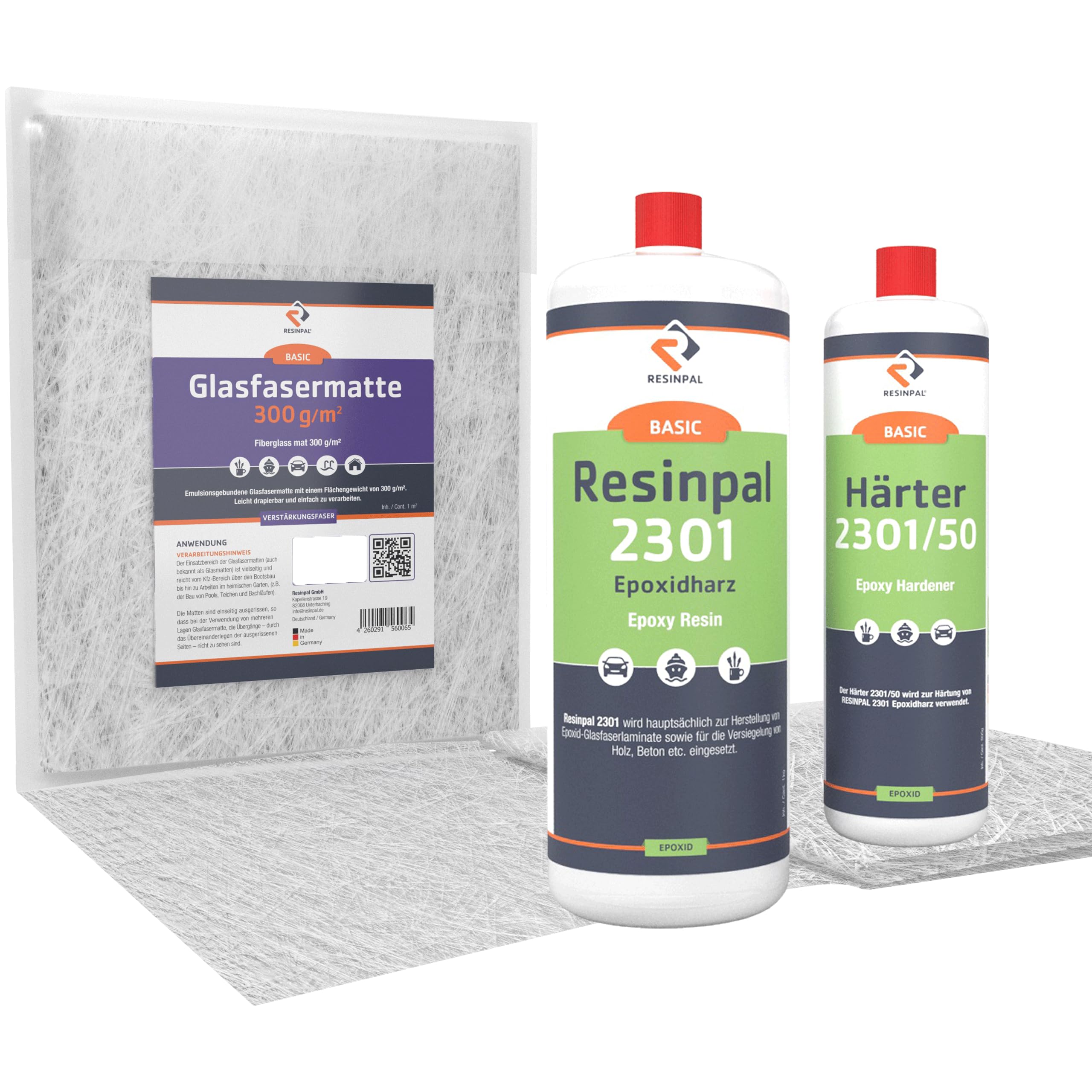 1,5 kg Epoxidharz mit Härter & 1 m² Glasfasermatte 300 g/m² | Resinpal 2301 | Epoxy & Gewebe Set | Zum Laminieren & Gießen | Kunstharz Made in Germany | Direkt vom Hersteller | Für Anfänger & Profis