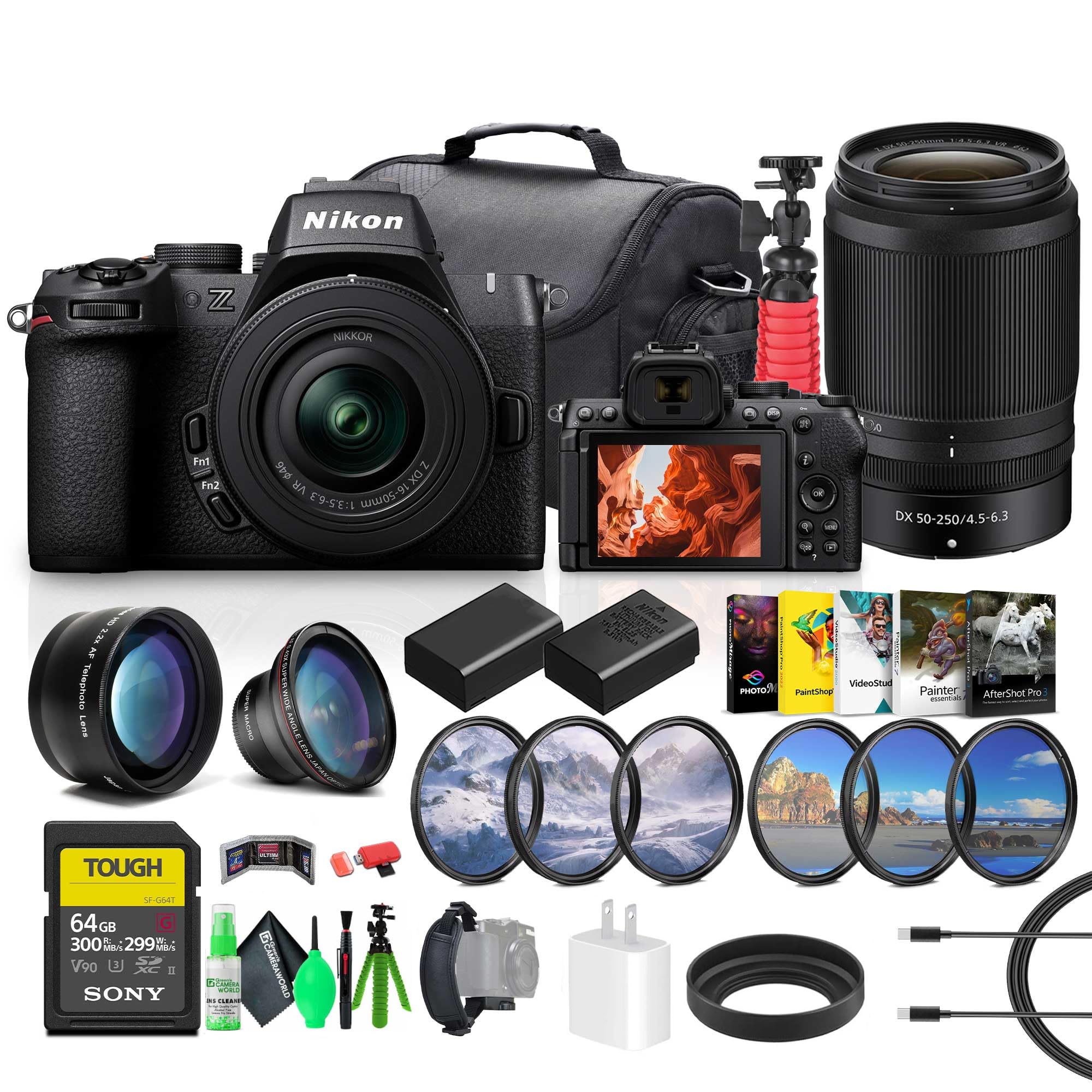 Nikon Z50 II Compact Mirrorless Digital Camera with NIKKOR Z DX 16-50mm and 50-250mm Zoom Lens Kit + 64GB Memory Card + EN-EL25 + Photo Software +