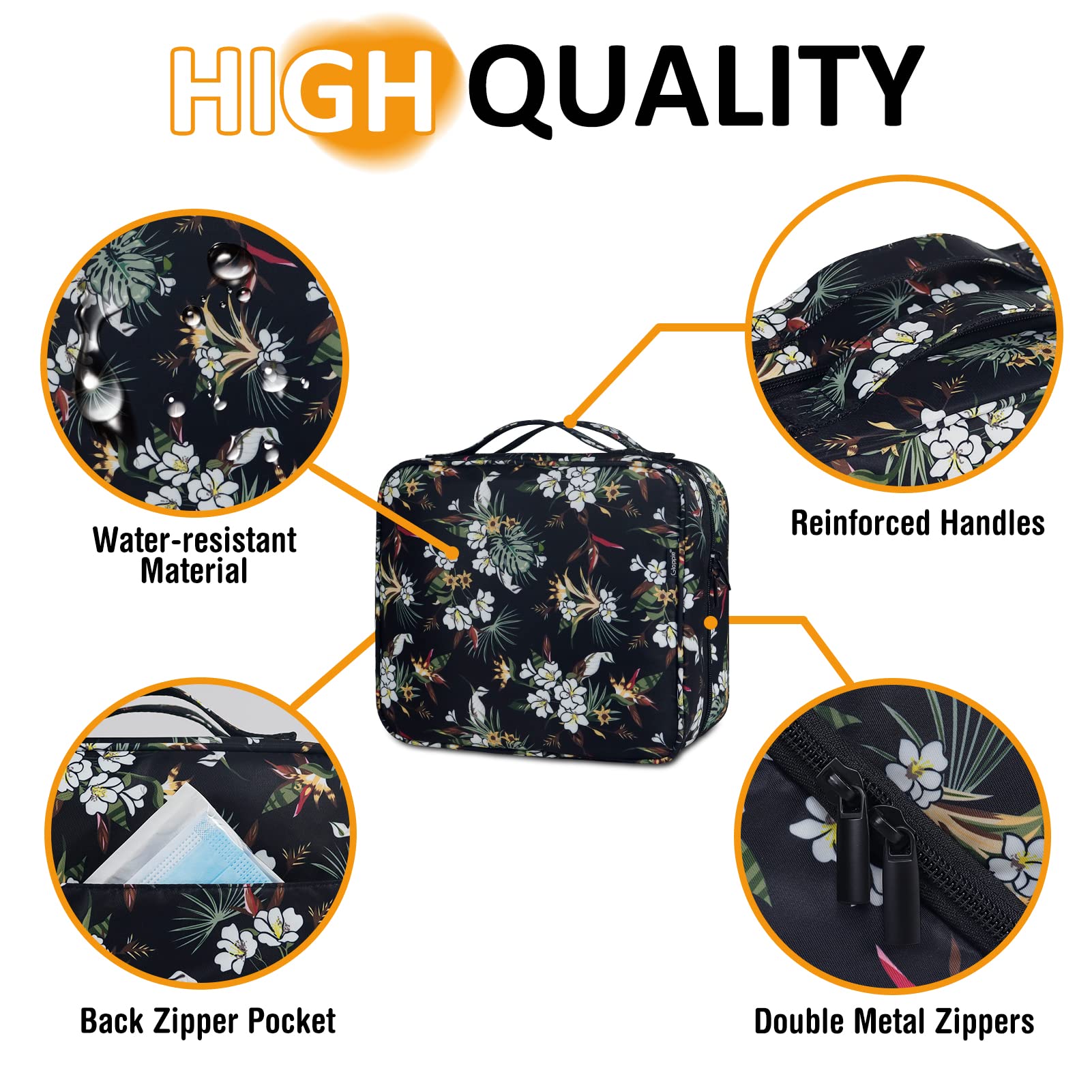 Gloppie Neceser de maquillaje para mujer, XXL, para colgar, organizador de viaje, Negro - Patrón floral blanco, XXL, Maletín de cosméticos