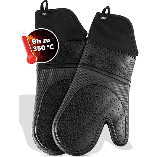AVANA Silikon Ofenhandschuhe Hitzebeständige Anti-Rutsch Kochhandschuh mit weichem Baumwoll-Innenfutter bis zu 350°C Handschuhe für Kochen und Backen - Schwarz