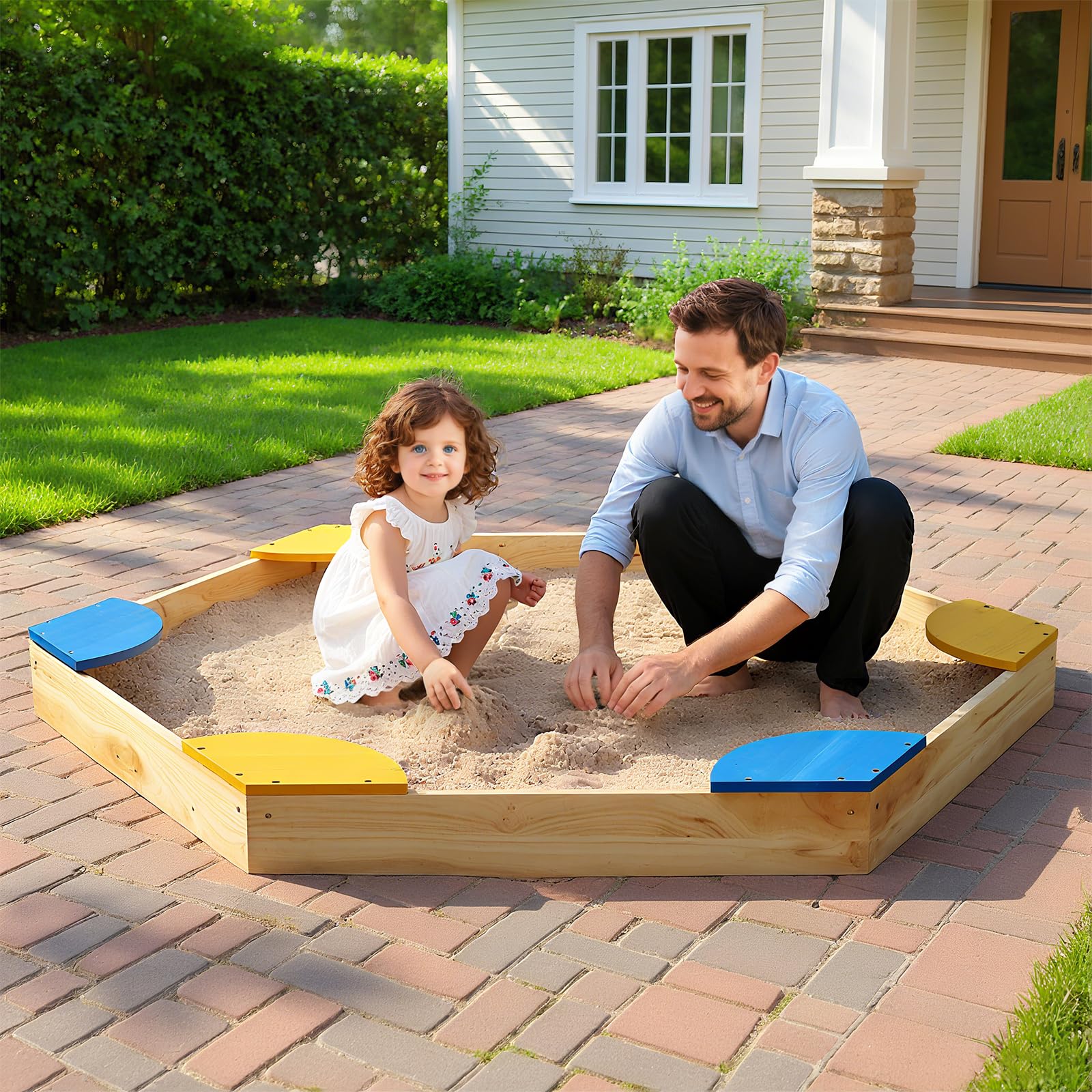 COSTWAY Arenero Infantil, 140 x 122 x 14 cm, Arenero de Madera para Exteriores, Caja de Arena de Madera con 6 Asientos en Forma de Abanico Incorporados y Estructura sin Fondo, Arenero Niños Exterior