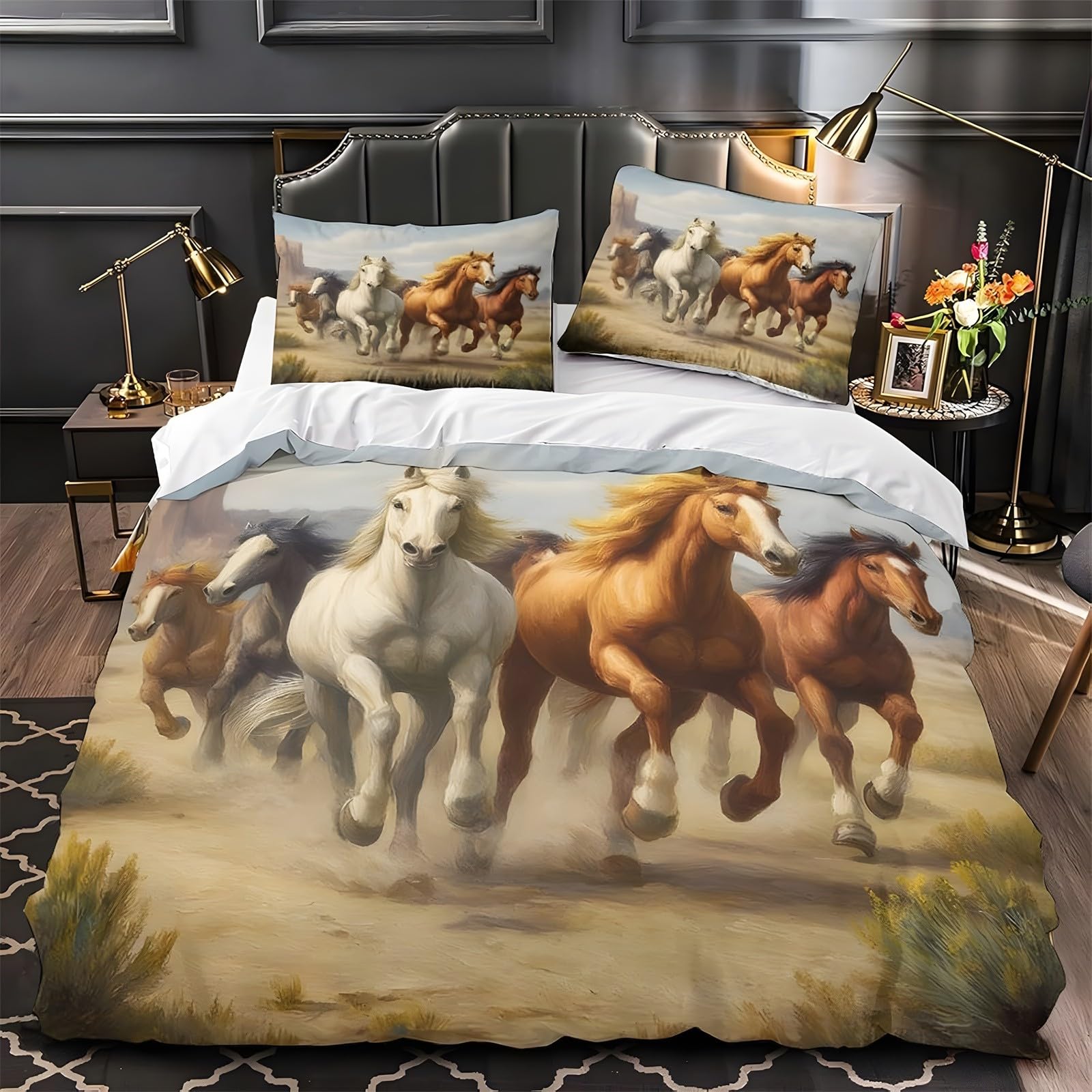 Ypthriline Single Duvet Cover Set Galloping Horse Bedding Set Microfiber Animals Duvet Covers with Pillowcases Reversible Bedding With Zipper Closure 135x200CM
