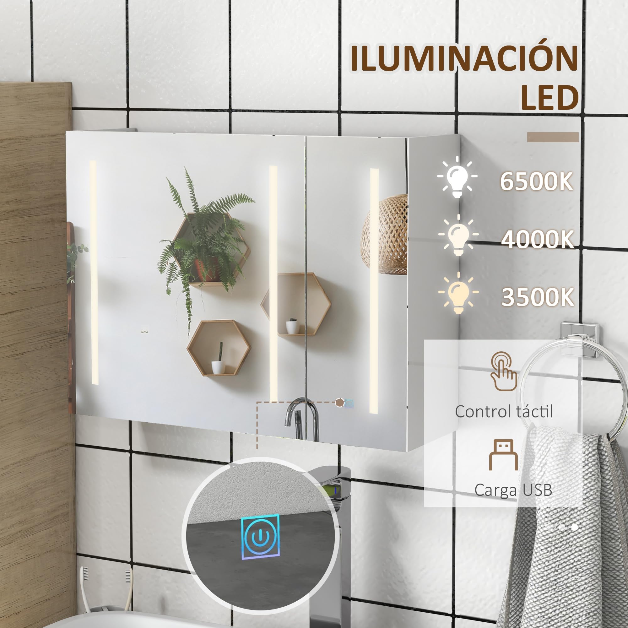 kleankin Armario con Espejo de Baño LED 90x15x70 cm Blanco Brillante | Mueble de Pared Colgante, 3 Puertas, Estantes Ajustables, Interruptor Táctil y USB