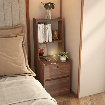 Smart Nightstand with Charging Station & 2 Storage Drawers, Wood Night Stand with Bookshelf & Voice-Controlled Night Light, Modern Bedside Table with Lock for Bedroom Wood