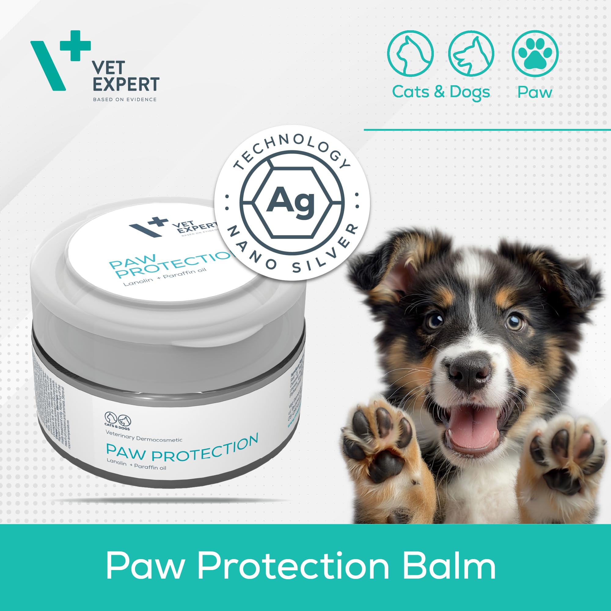 Vet Expert Pomada de protección de patas para perros y gatos, protector e hidratante con aceite de linaza, aceite de árbol de té y nanoplata, 75 ml