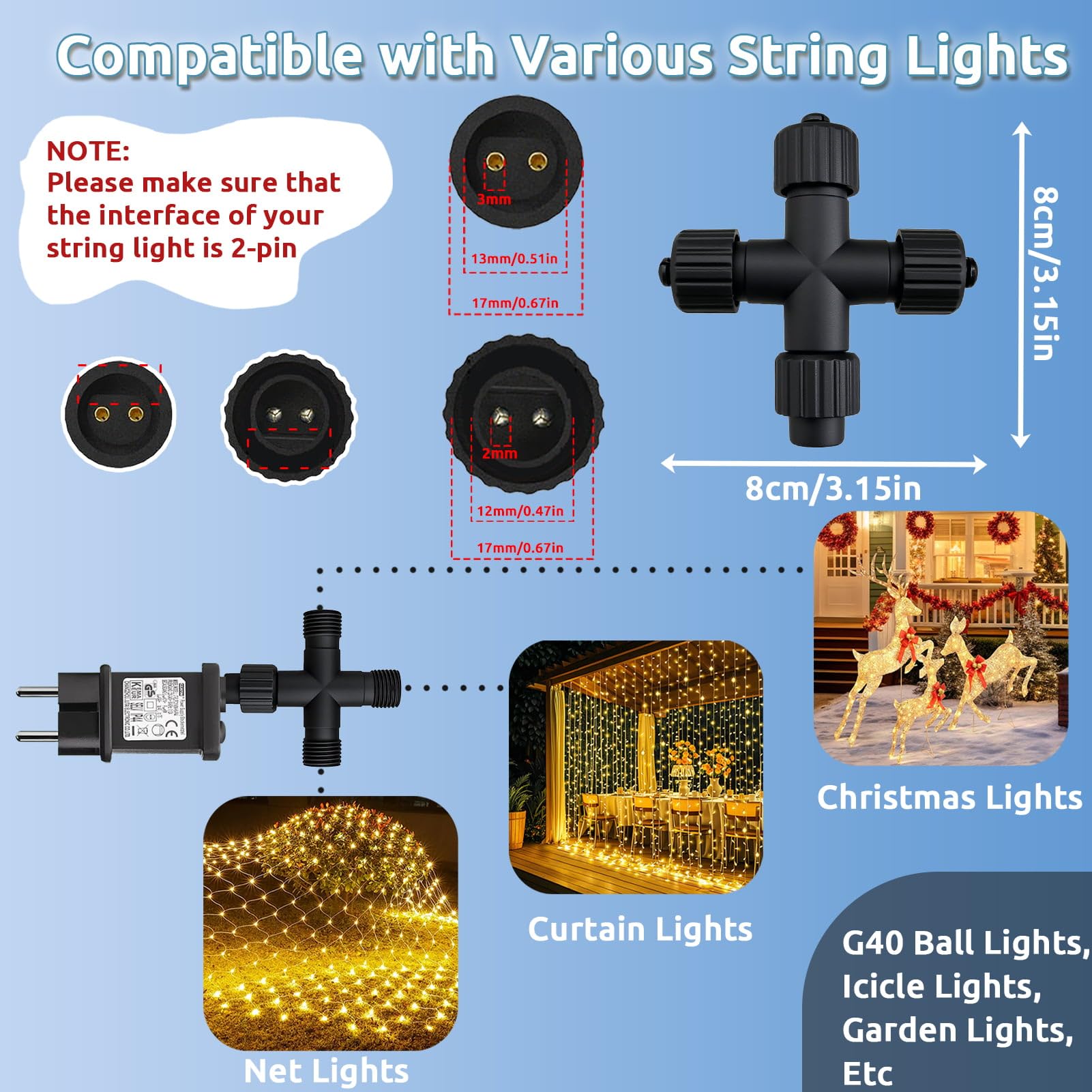 Dekofun Connettore Luci Natale 2 Pin Splitter Per Luci Natalizie, Connettori Trasformatore 1-a-3 Connettore Elettrico, IP65 Impermeabile Presa Adattatore Per Catena Luminosa Natalizia Da Esterno - Foto 6