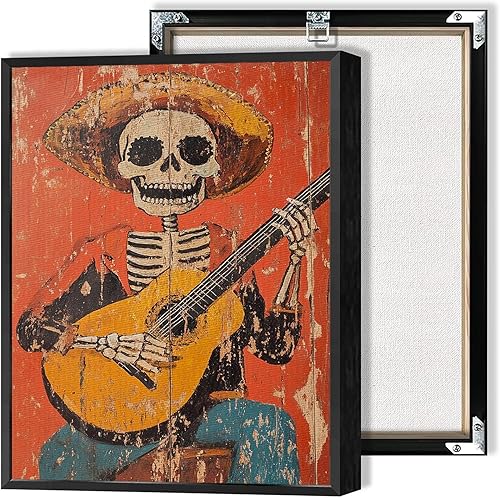 Vintage Skeleton Vaquero Playing A Guitarra Canvas Posters Mexicano Skull Music Wall Art Whimsical Day Of The Dead Prints Painting For Living Room