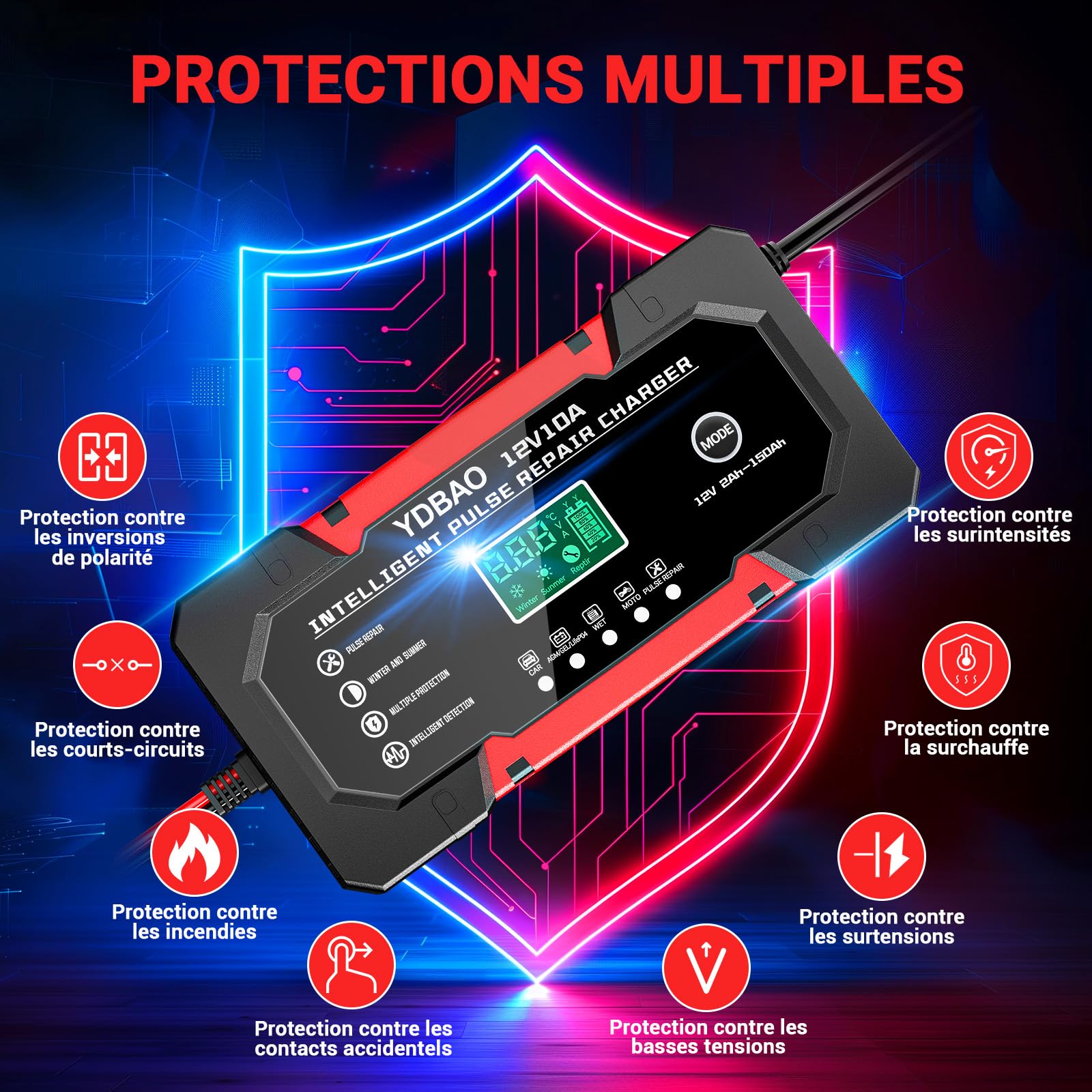 YDBAO Chargeur de Batterie Voiture 12V 10A LiFePO4 Chargeur Batterie Auto Intelligent avec Mode Réparation pour AGM Gel Wet LiFePO4 Auto Voiture Moto Camion