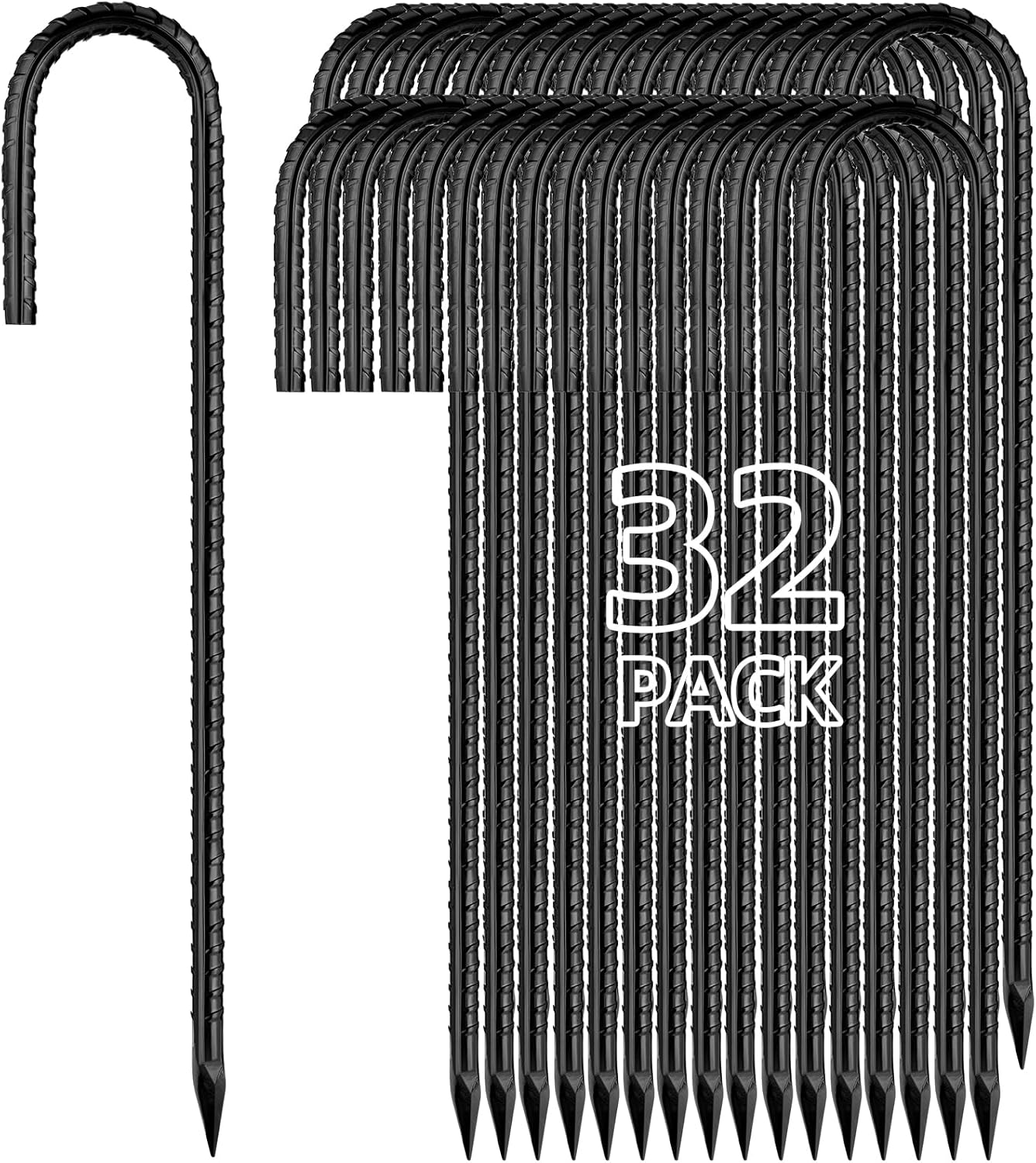 12 Inch Rebar Stakes J Hook Ground Stakes 32-Pack Heavy Duty Galvanized Chain Link Fence Stakes Metal Tent Stakes for Outdoor Lawn Decorations Inflatables Canopy Swing Set J-12"x5/16"-32pcs J Shape-Black