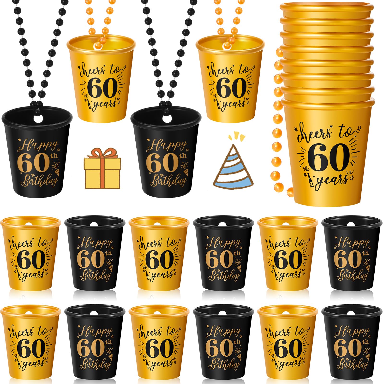 Sureio 24 Pcs 60th Birthday Party Favors Shot Glass Necklaces Cups Bulk for Women Men Guests, Plastic Gold and Black Shot Necklace Cups for Birthday