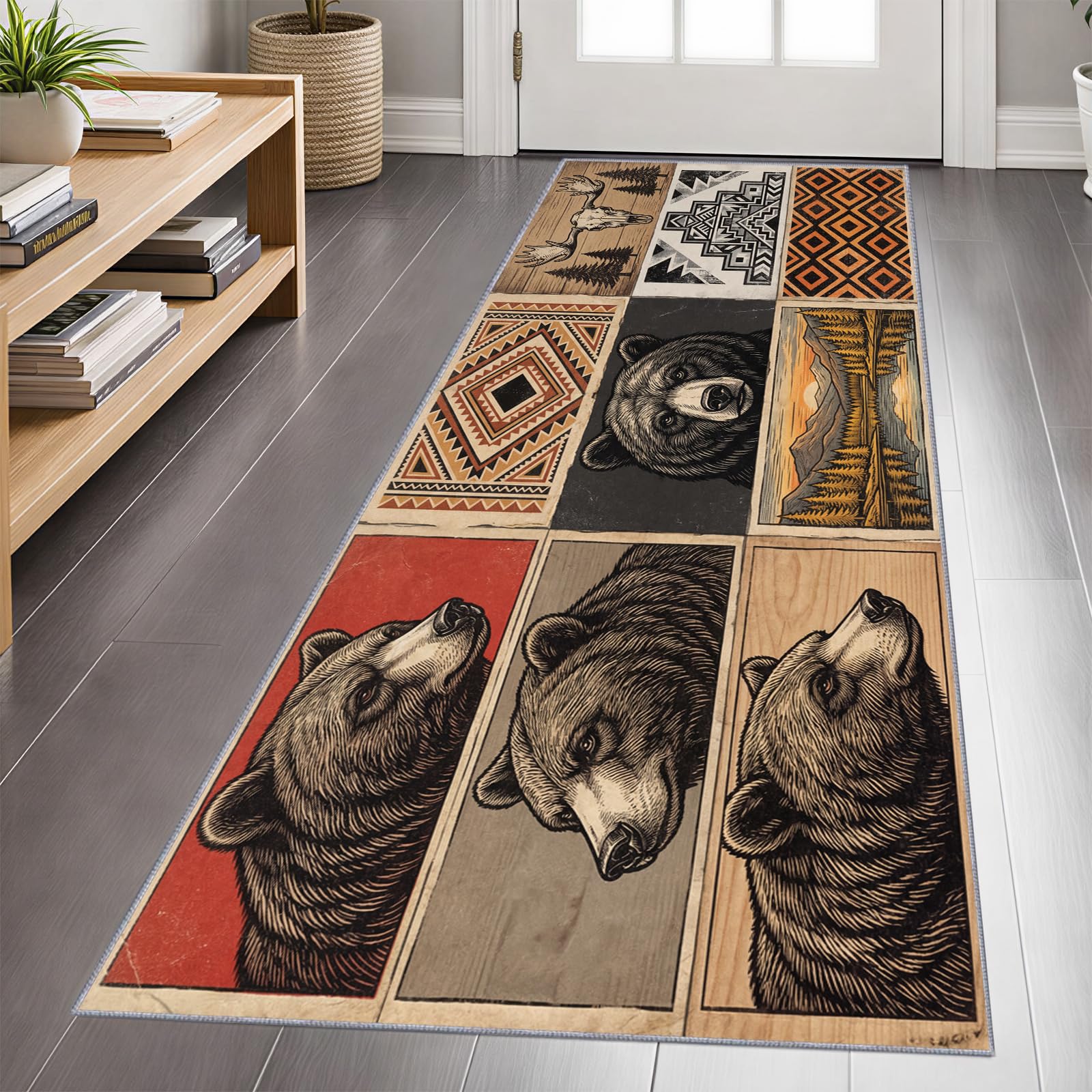 Black Bear Carpet Runner 120x360cm, Western Runner Rug for Hallway, Hunting Theme Long Carpet, Soft Touch Ultra-Thin Durable Washable Rug for Lounge Dining Room Corridor Decor Floor Mat
