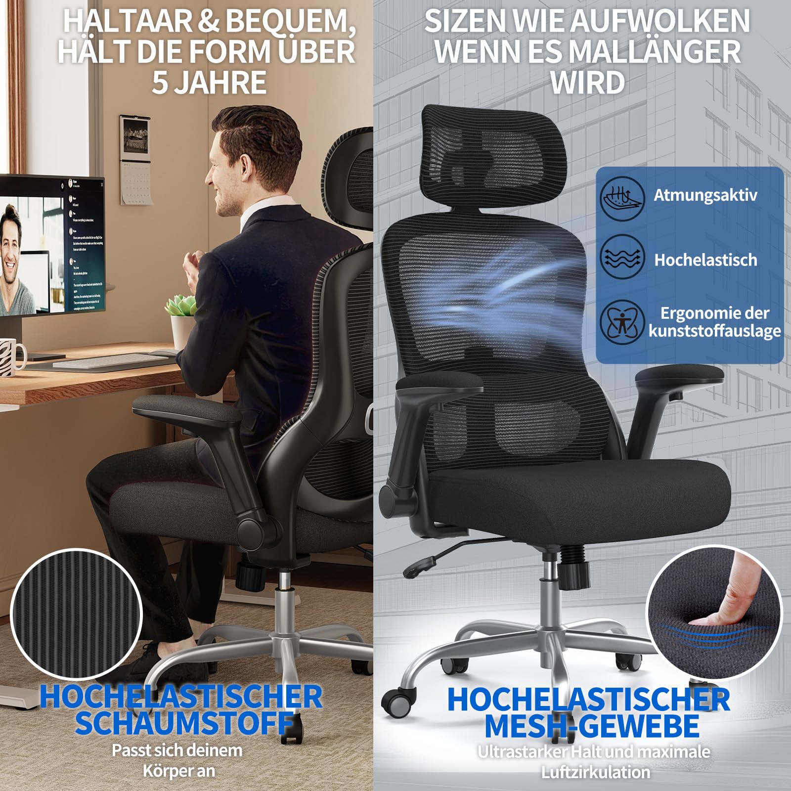 TRALT Bürostuhl Ergonomisch - Bürostuhl - Gaming Stuhl mit Verstellbare Kopfstütze Lordosenstütze Home Office Desk Chair - Schreibtischstuhl Computerstuhl für Große Menschen Mesh-Stuhl 150kg Schwarz